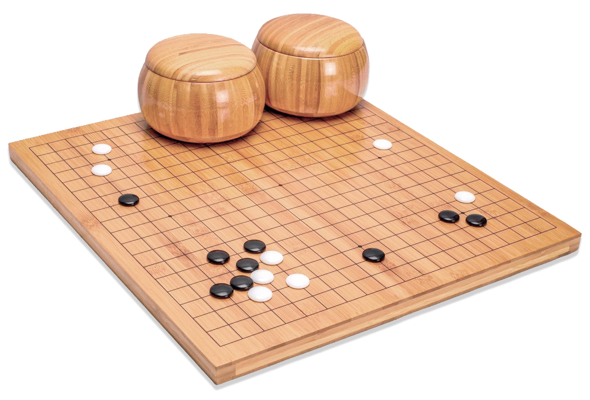 Oasis: Wendbares 19x19 / 13x13 Bambus GO-Spiel-Set mit 2-cm Bambusbrett, edlen Bambusbehältern und Mono-konvexen Steinen aus Kunstharz - klassisches Strategie Brettspiel. Perfektes Ostergeschenk.