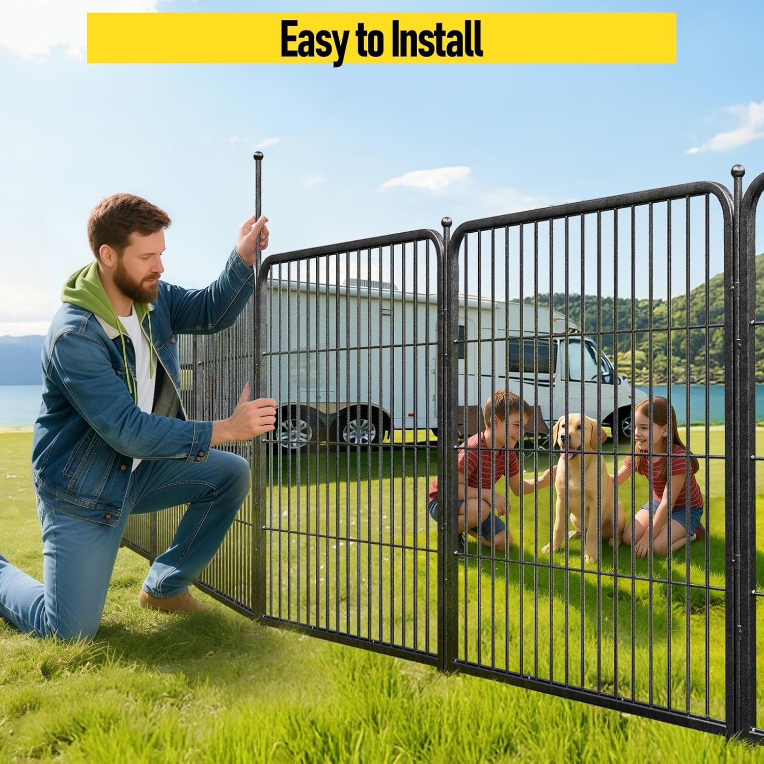 SPECILITE Dog Playpen with Gate, 24" (H) × 32" (W) 8 Panels, No Dig Portable Pet Play Yard, Heavy Duty Metal Exercise Pen, Animal Barrier Enclosure, Puppy Play Pen Outdoor for Yard/Garden/RV Camping