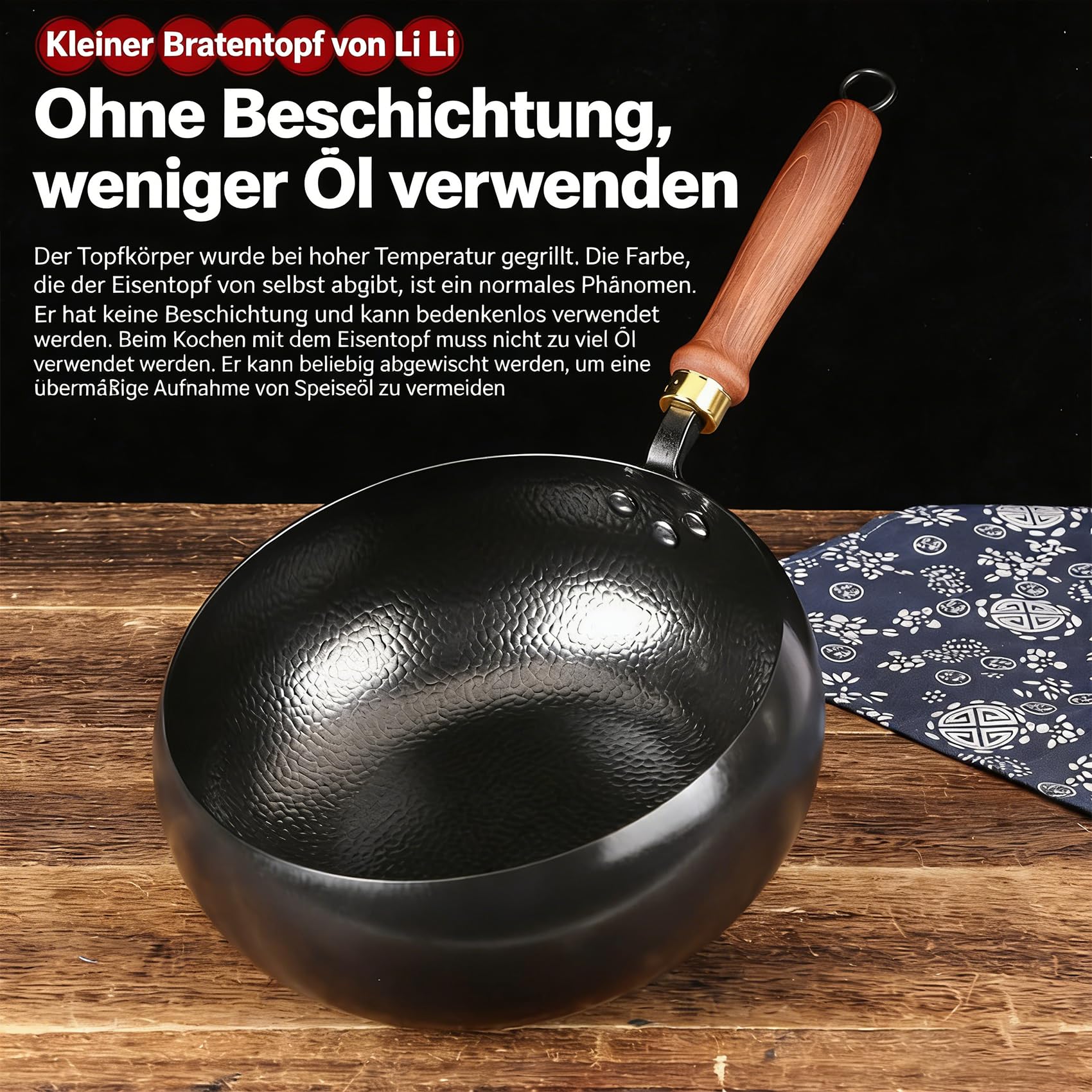 DZ'HUE Tsubame Sanjo Pfanne, Japanische Eisenpfanne, unbeschichtet, dickwandiger Eisentopf, schnell erhitzender Gusseisen-Wok, Holzgriff, geeignet für Gasherd und Induktionskochfeld (24cm)