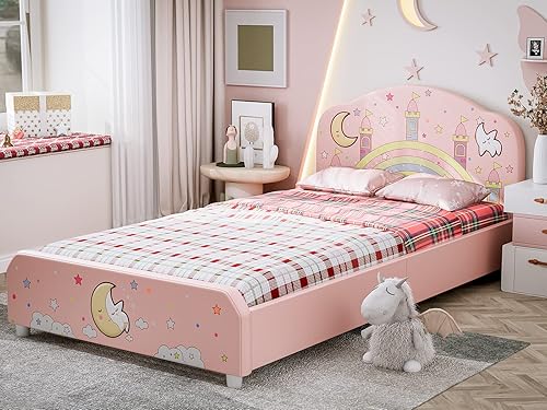 Miniatura 3 de IKIFLY Cama infantil de tamaño individual, base de cama tapizada con cabecera curvada, cama de princesa rosa para niñas y adolescentes, no necesita