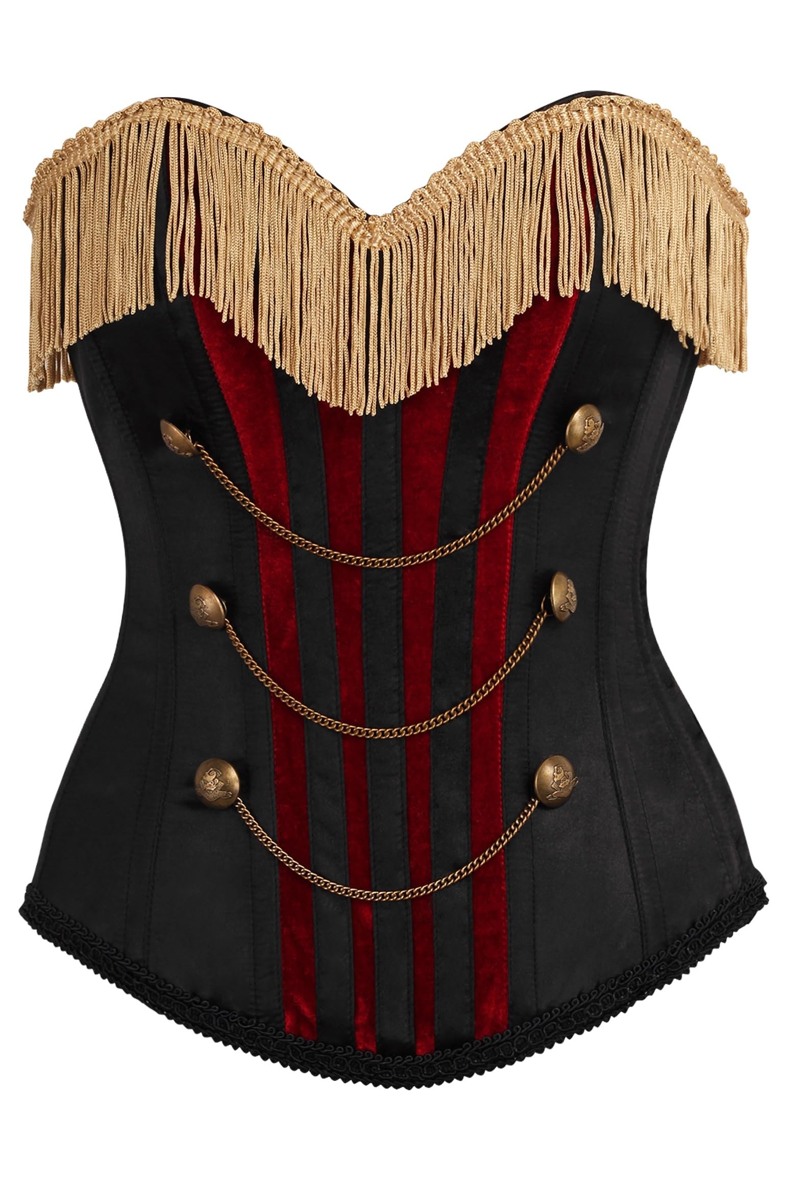 Daisy corsets womens Daisy Corsets Top Drawer Burlesque Black Dark Red Steel Boned Corset W Gold Fringe