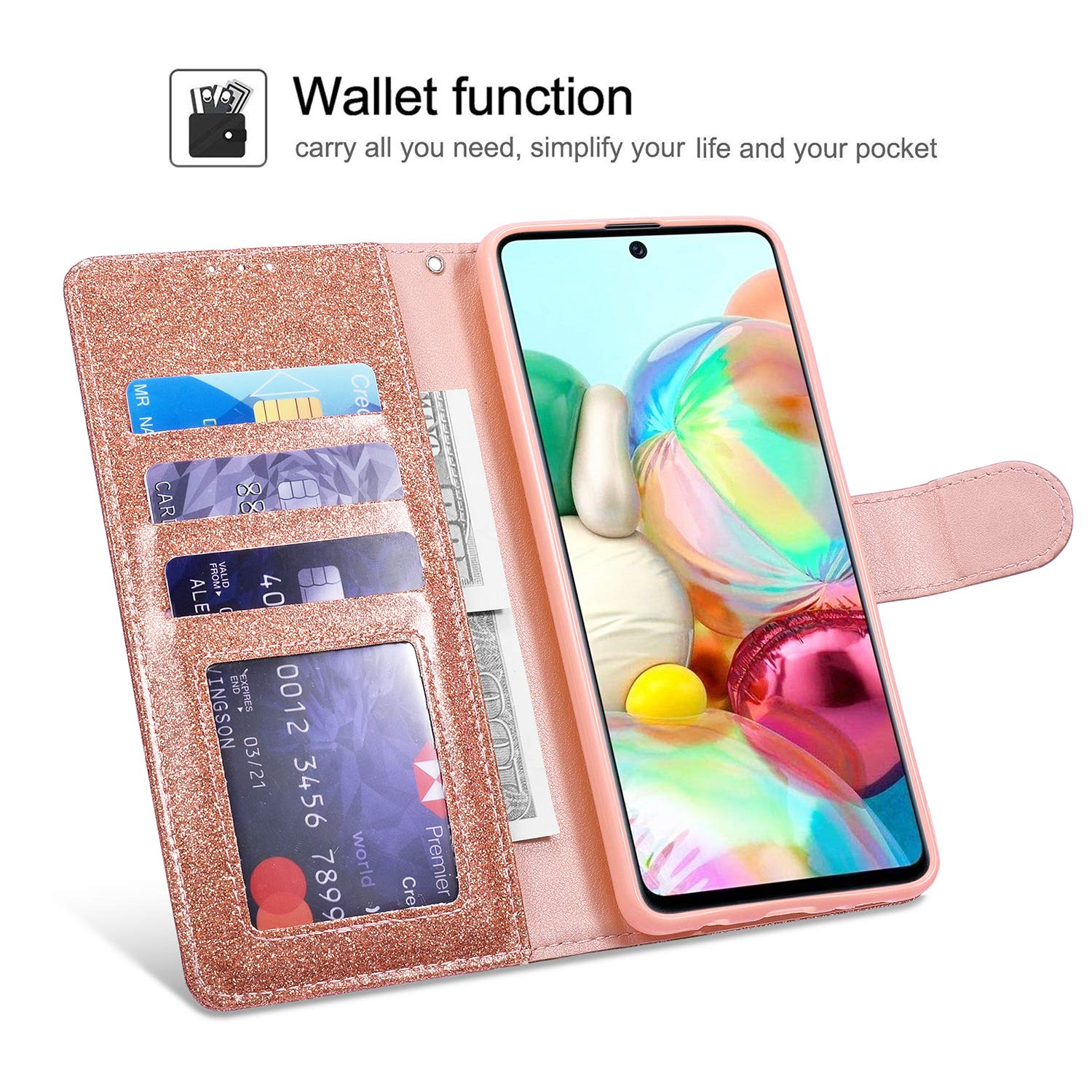 QLTYPRI for Samsung Galaxy A51 Case Wallet Case Bling Shiny Glitter Flip Folio Case Full-Body Protective Cover Card Slots Magnetic Closure Kickstand Wrist Strap for Women Girls - Rose Gold