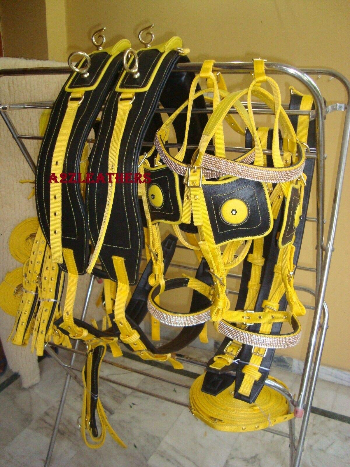 Leather Ride Synthetic Patent Driving Harness Premium Nylon Harness for Double Horse (Yellow/blacl