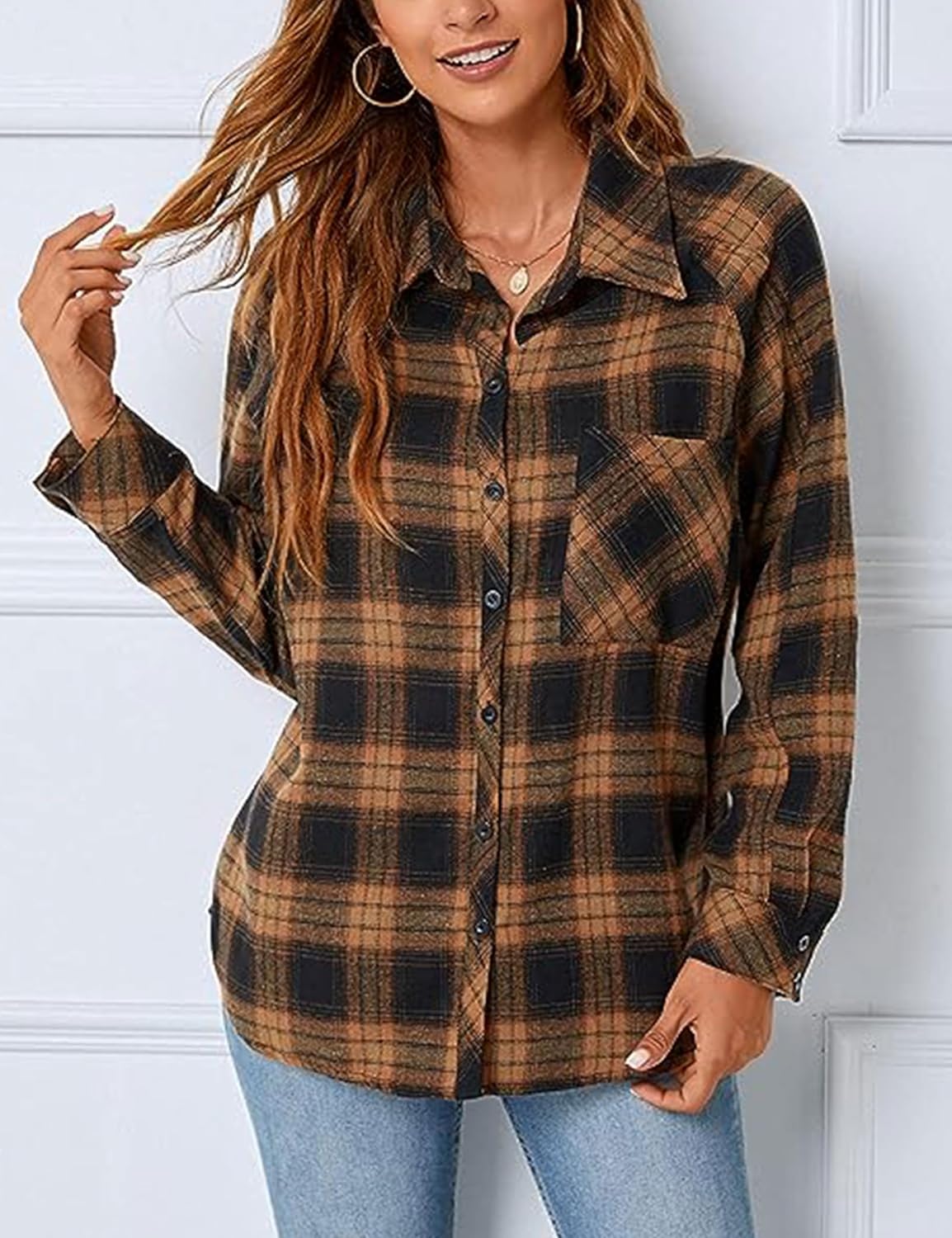 Bozanly Womens Flannel Plaid Shirts Oversized Long Sleeve Button Down Shacket Blouse Tops - Image 2