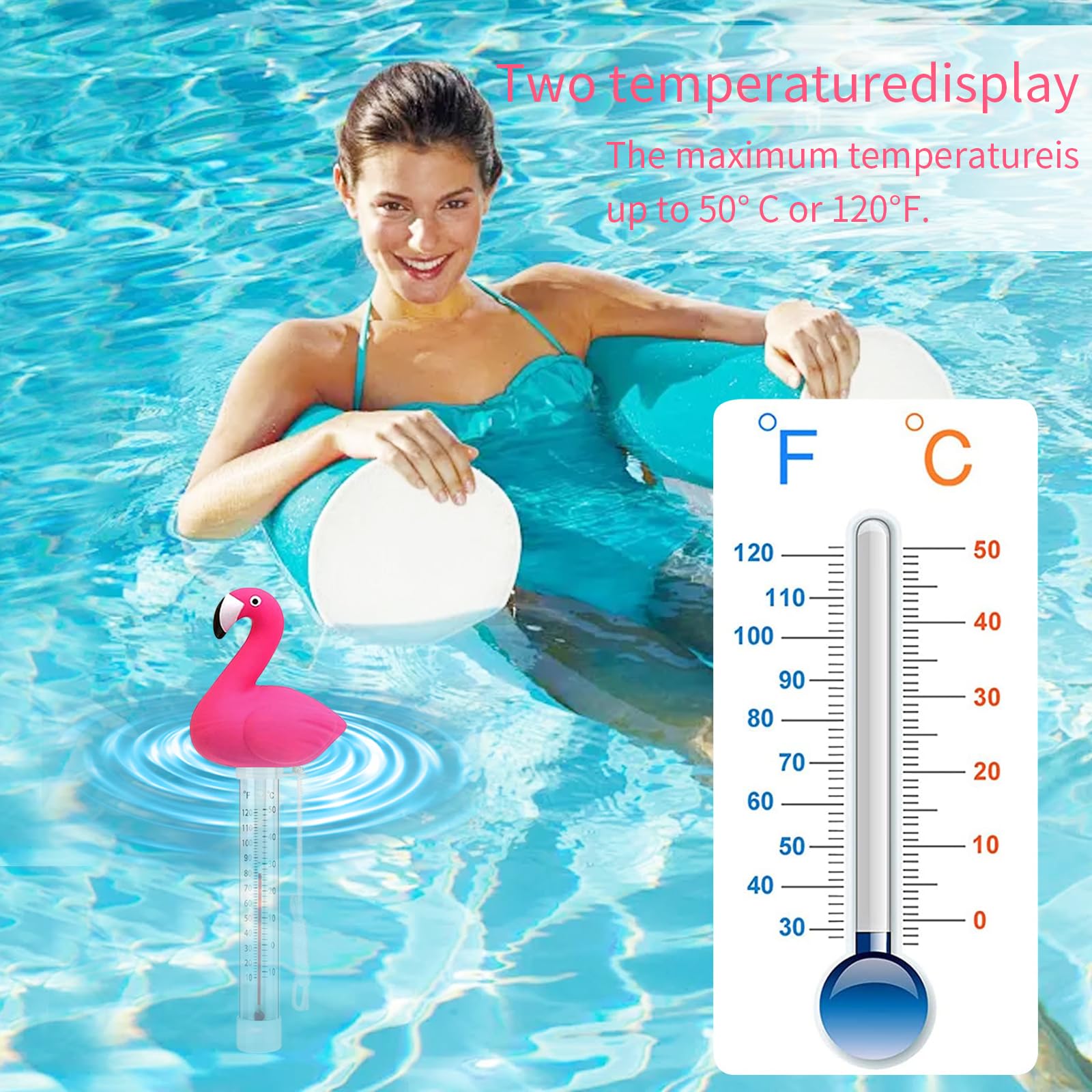 Thermomètre à eau flottant, thermomètre de bain flamants roses, thermomètre de piscine avec corde, thermomètre de piscine de dessin animé, thermomètre de température de l'eau pour piscines, jacuzzi