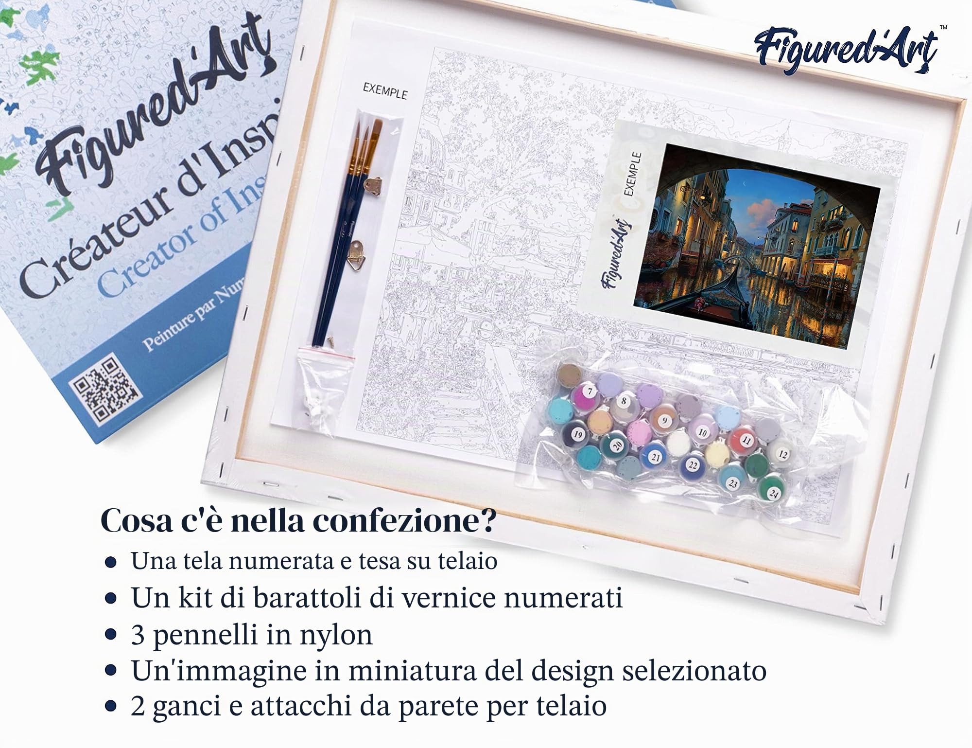 Figured'Art Dipingere con i Numeri con Telaio - Paint by Numbers Visita dal canale di Venezia, Passatempo per Adulti, Kit Completo, Hobby Creativi - Quadri fai da te 40x50cm Tela Già Incorniciata