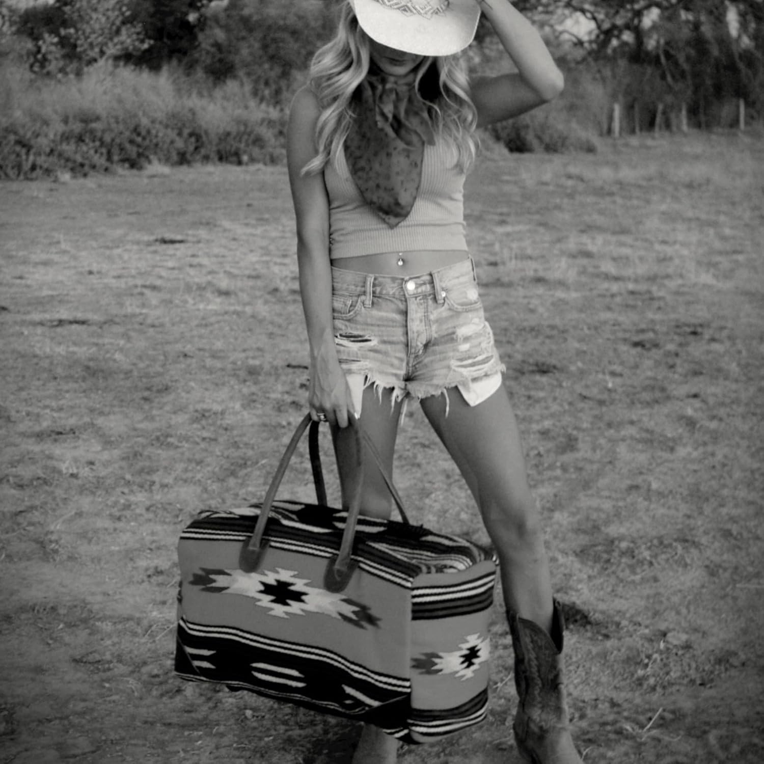 Southwestern Boho Aztec Maren Large Weekender Duffel Bag Handwoven 100% Leather Handles