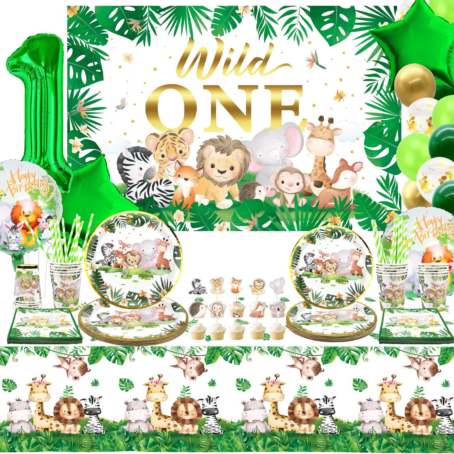 Wild One Birthday Decorations - Safari Jungle Birthday Supplies - Plates, Napkins, Tablecloths, Cups, Straws, Cake Topper, 1st Balloons, Animal Wild One Backdrop for 1st, Serves 20