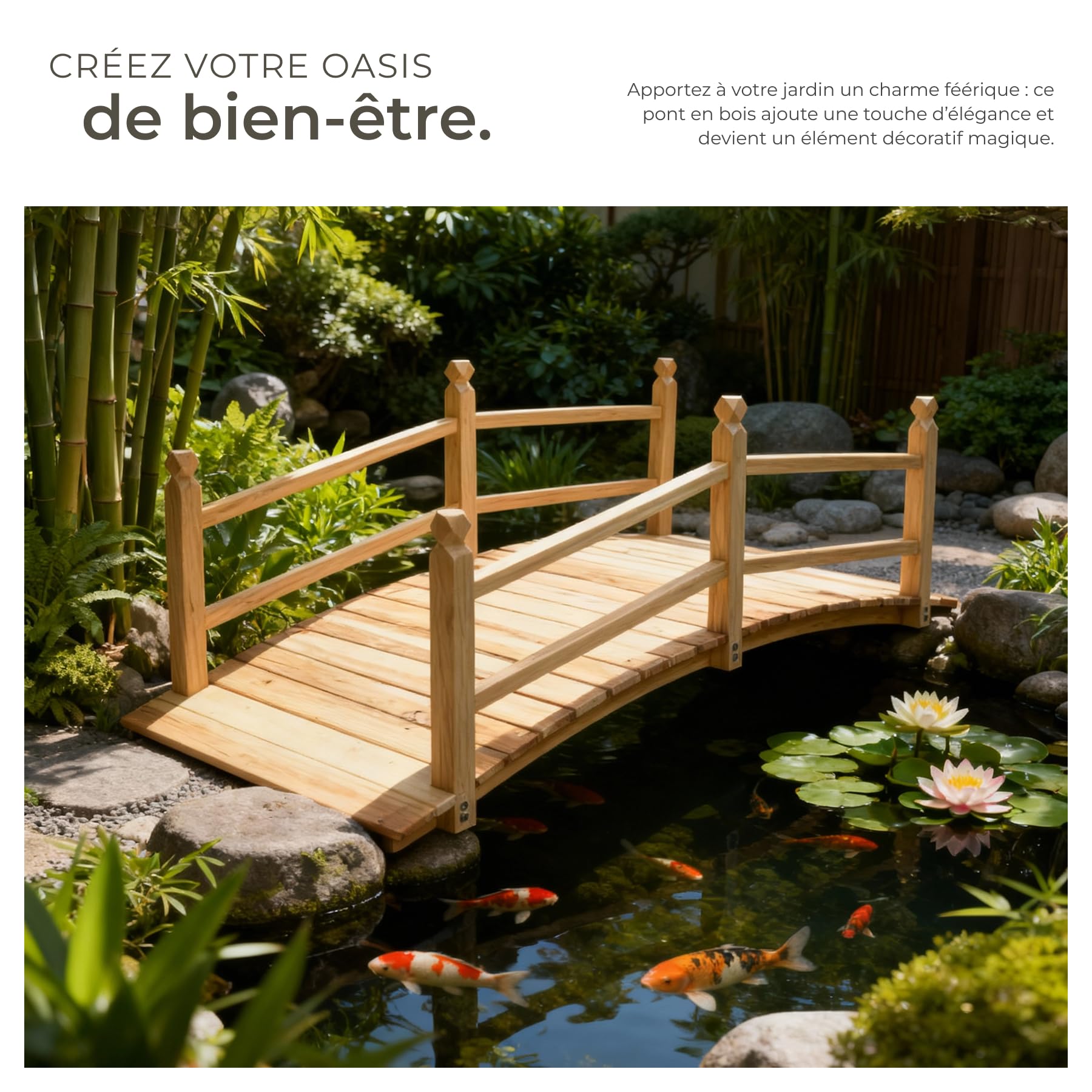 tectake® Pont de Jardin, 137 x 58 x 58 cm, en Bois de Pin avec Balustrade, Capacité de Charge 150 Kg, Pont décoratif Decoration Jardin, Decoration Exterieur, Idéal Bassin Exterieur, fossé, ruisseaux
