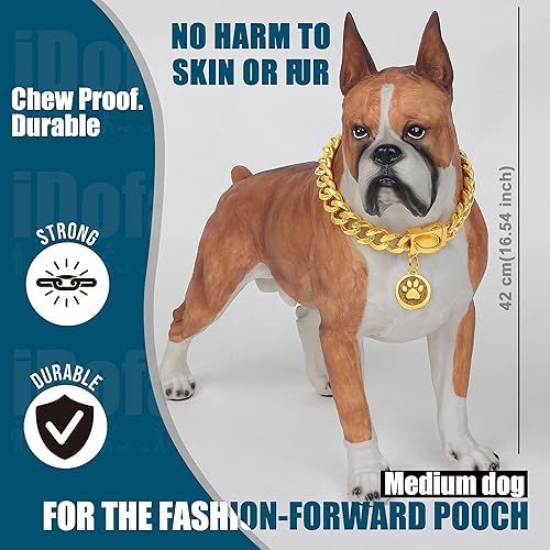 Miniatura 7 de iDofas Collar de cadena para perro, collar de perro de eslabones cubanos de oro de 0.551in, con hebilla a presión, chapado en oro de 18 quilates,