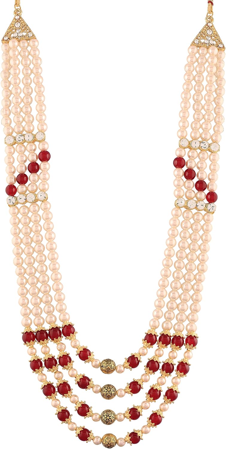 I Jewels 3 Layered Gold Plated Indian Wedding Bollywood Dulha Moti Mala with Stone Maharaja Haar/Groom Necklace For Men (MLP35)