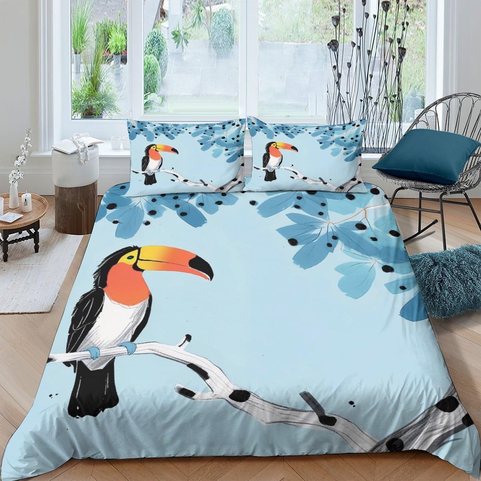 Ctjqhvkz Style-9 3D Printed Toucan Tropical Leaves Fitted Sheet Microfiber Soft Breathable Bird Motif Mattress Cover For Bedroom Dorm Decor Single（135X200cm）