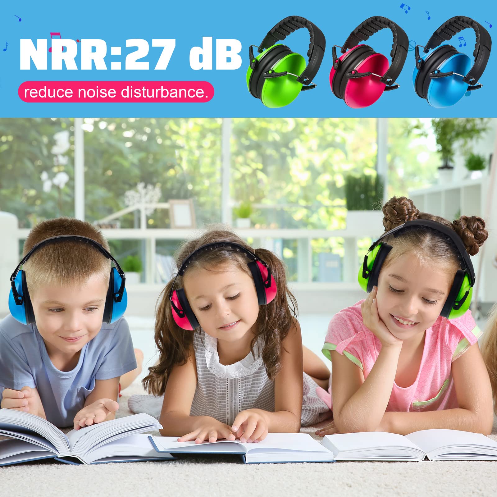 Amylove 6 Stück Kinder-Kopfhörer mit Geräuschunterdrückung, Ohrenschützer, 27 dB, verstellbarer Gehörschutz, Ohrenschützer, schalldicht, Ohrenschützer (grün, rosa, blau)
