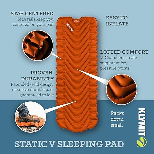Miniatura 2 de Klymit Static V - Colchoneta inflable para acampar, cama de aire ligera para senderismo y mochilero, 2.5 pulgadas de grosor, naranja