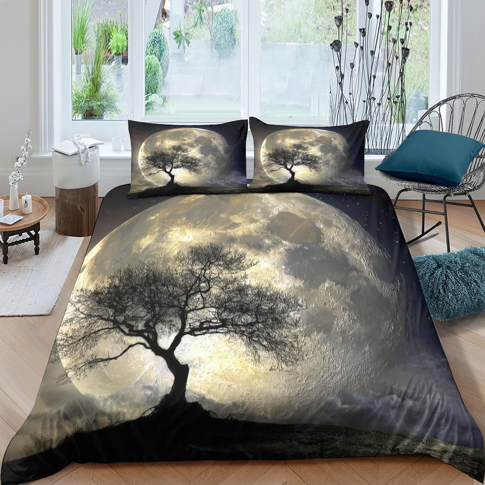 GPLZQXKJNH 3D Printed Moonlight Tree Duvet Cover Set Microfiber Breathable Night Landscape Bedding Set with 2 Pillowcases for Bedroom Decor Single（135x200cm）