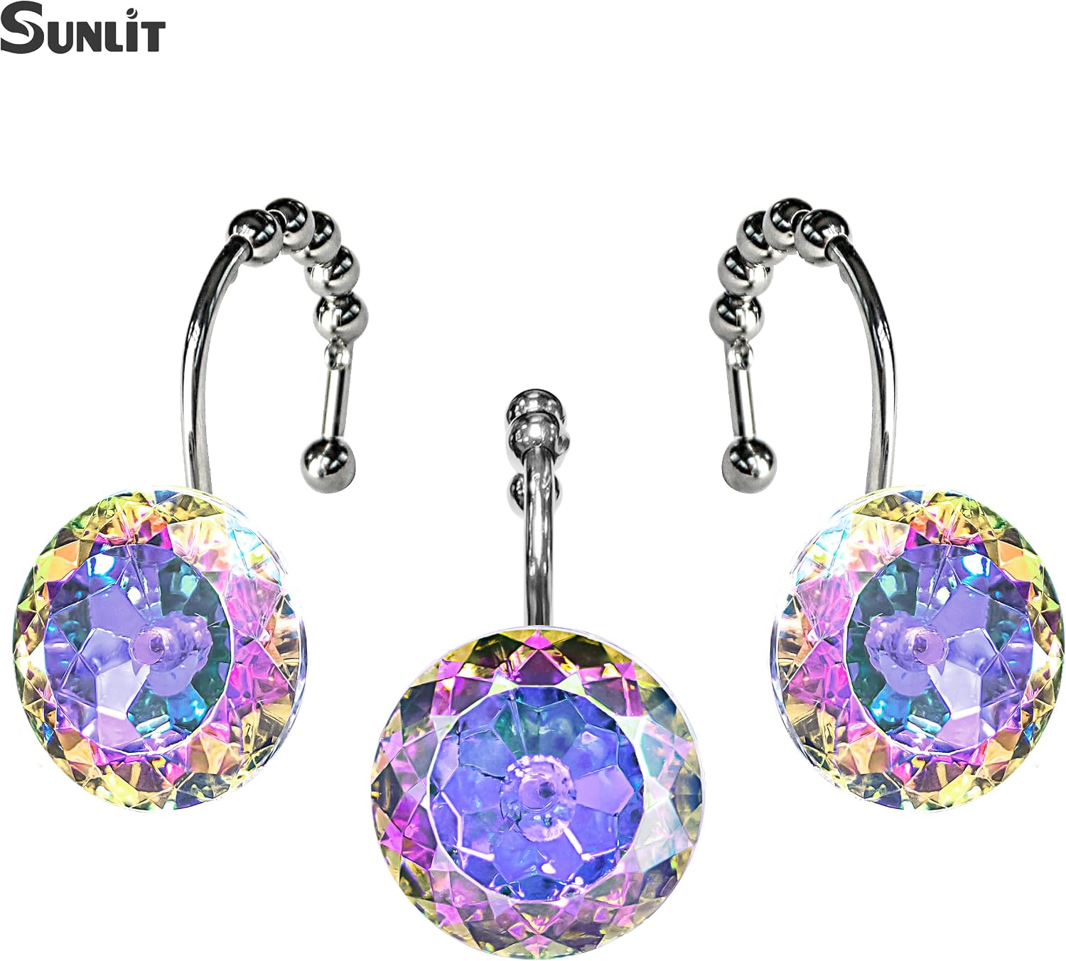 Sunlit Round Rhinestone Shower Curtain Hooks with Glide Balls, 12 Pack
