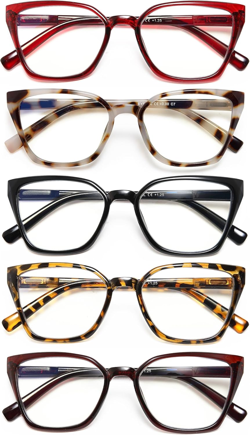 EYEURL Cat Eye Reading Glasses for women - 5 Pack Blue Light Blocking Reading Glasses Ladies +1.50 Fashion Square Frames Magnification with Spring Hinge