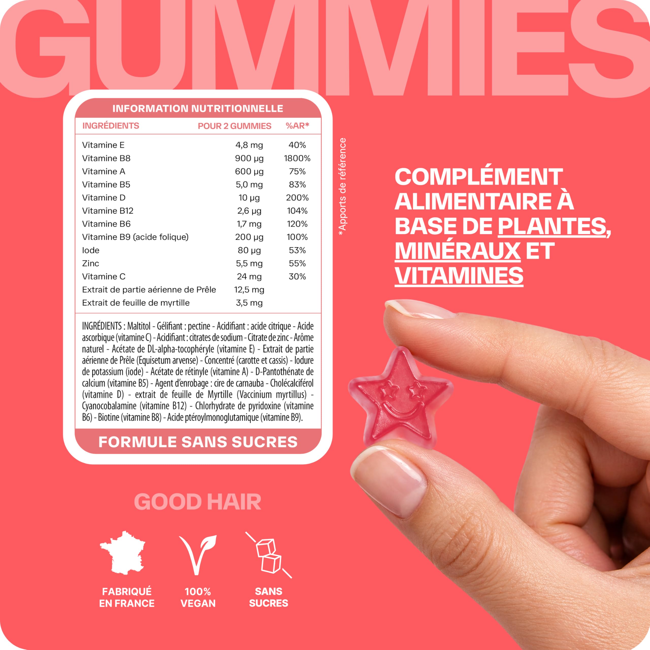 Lashilé Beauty Good Hair – Gummies Cheveux Pousse & Croissance – Complément Alimentaire Cheveux Fortifiants – Biotine, Zinc, Prêle – Vegan, Sans Sucres – Made in France – Cure 1 Mois, 60 Gummies