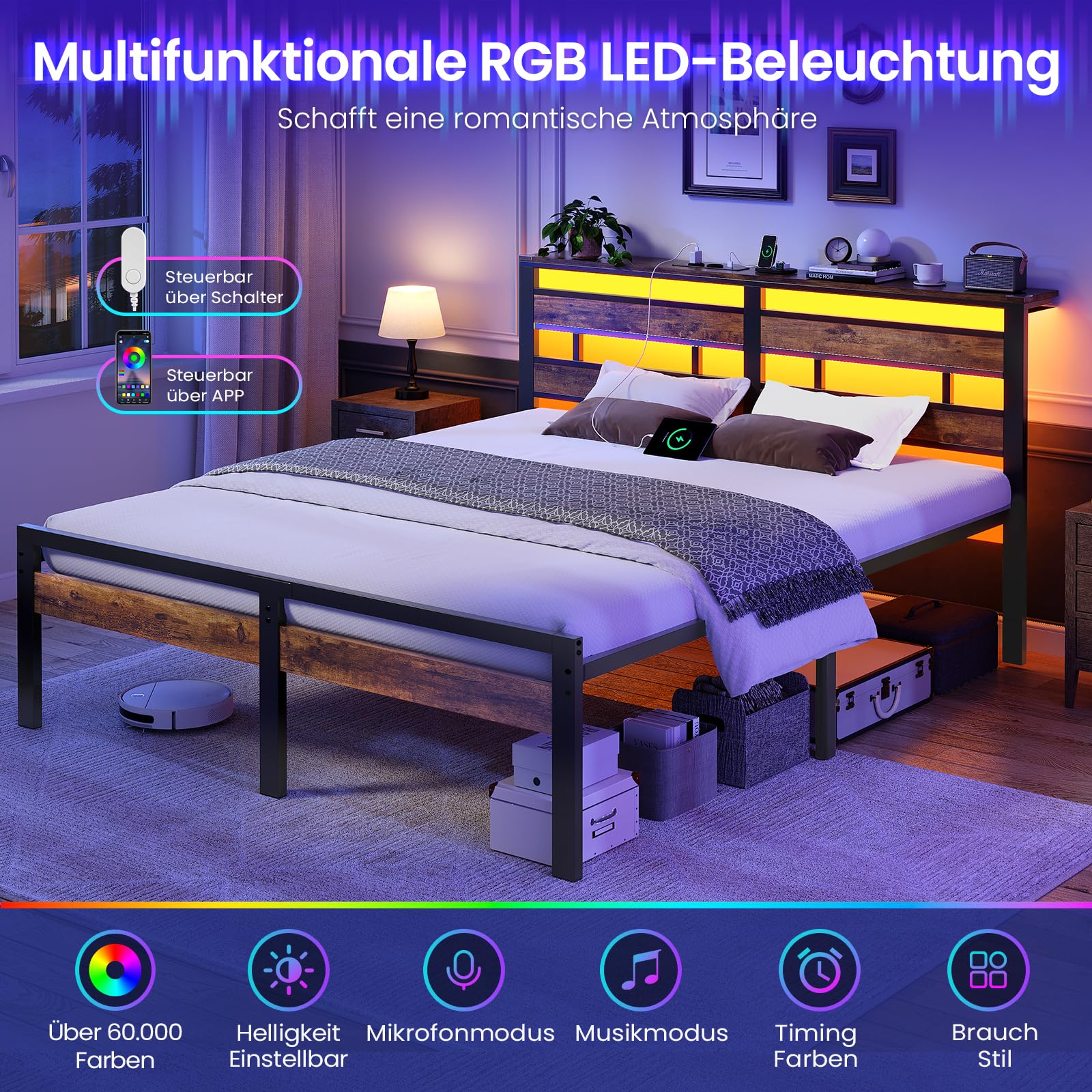 Brinlawb Bett 180x200 mit Lattenrost aus Metall, Doppelbett Bettgestell 180x200cm mit LED Beleuchtung und Ladestation (2 AC-Steckdosen, 1 USB-Anschluss und 1 Type-C-Anschluss) Metallbett mit Kopfteil