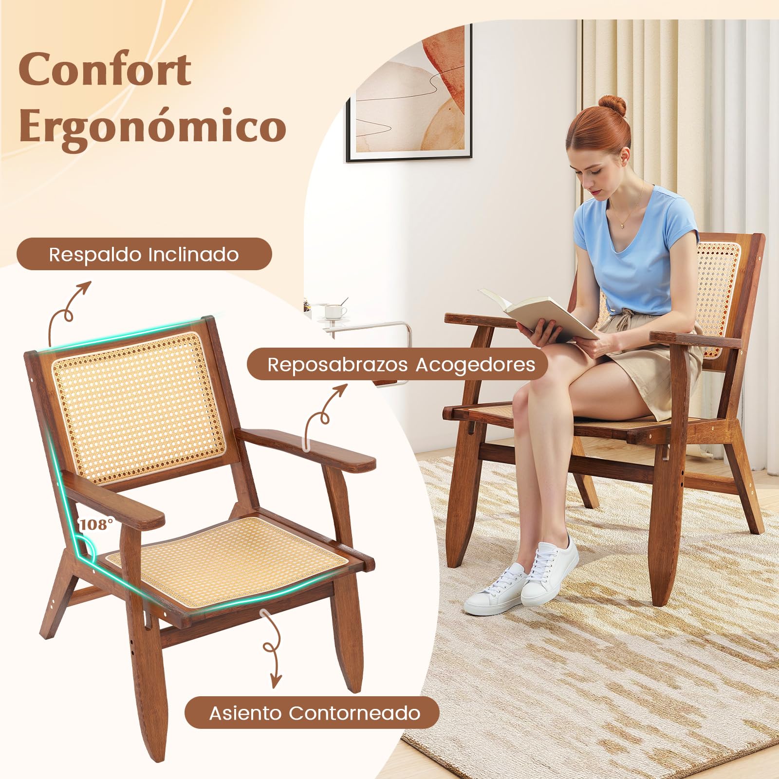 COSTWAY Silla de Ratán, Sillón de Salón de Madera, Butaca de Salón con Respaldo y Asiento Amplio de Ratán, Silla de Ocio de Lectura para Sala de Estar y Dormitorio, Nogal