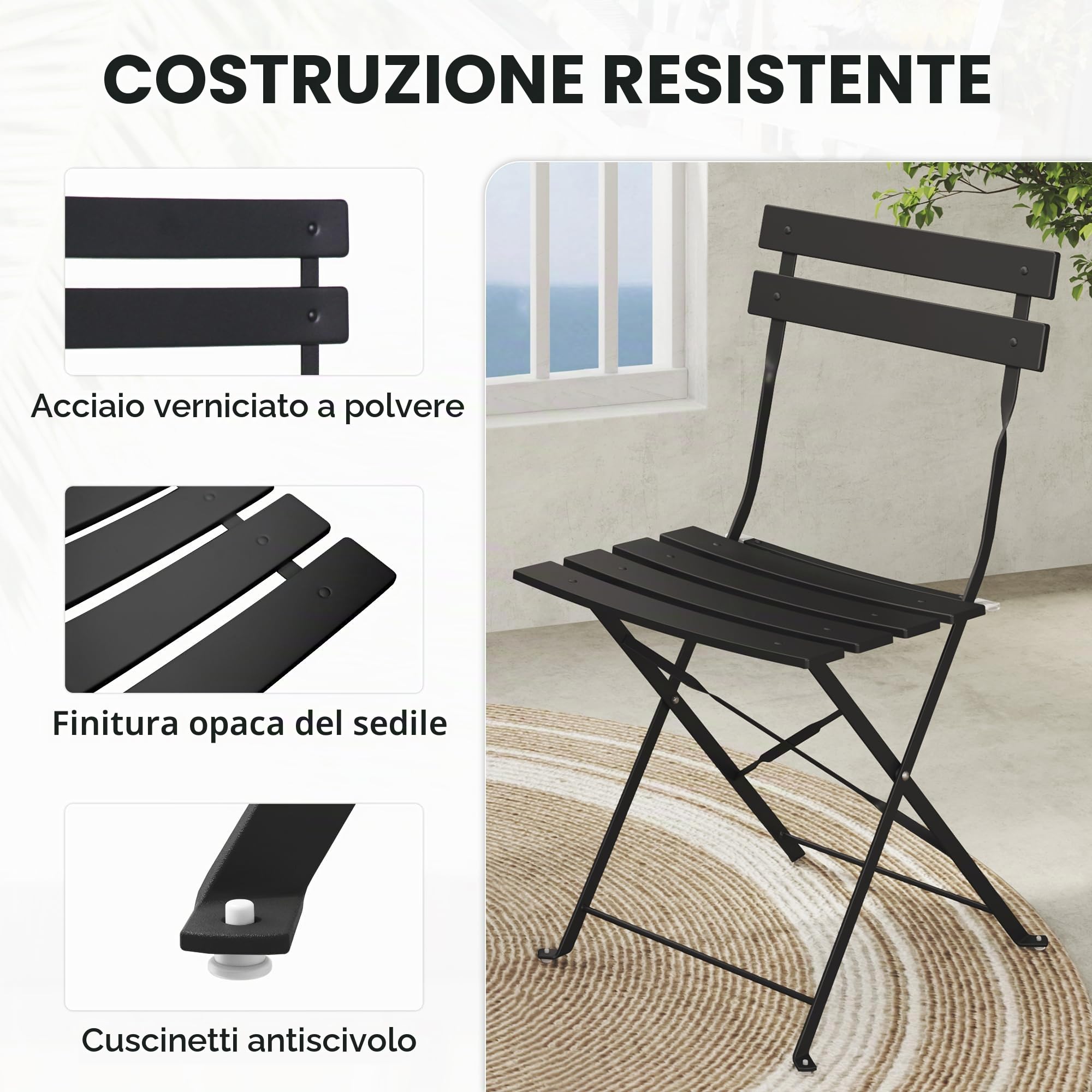 Grand patio Set Bistrò Veranda, 1 Tavolo e 2 Sedie, Ripiegabile, Set da Balcone, Struttura in Metallo, salvaspazio, Set arredo Giardino per Balcone, Esterno (Nero)