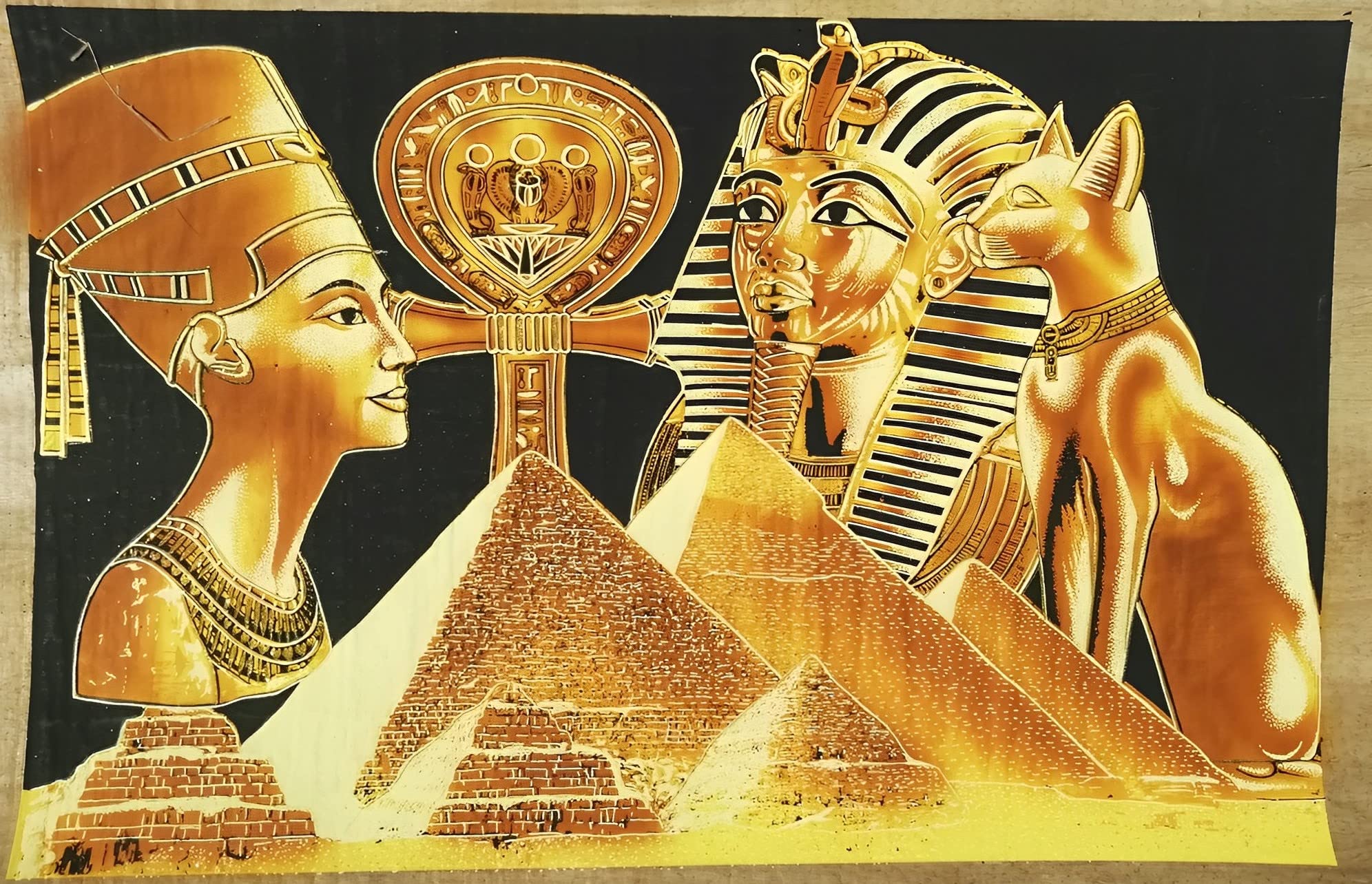 Egyptian Papyrus M-06 (Gold & Dark) “The Giza Necropolis Pyramids + Tutankhamun Pharaoh + Nefertiti Queen + Ankh Cross” (Size 90 * 60 cm) “Not Framed” (Glow in the Dark)