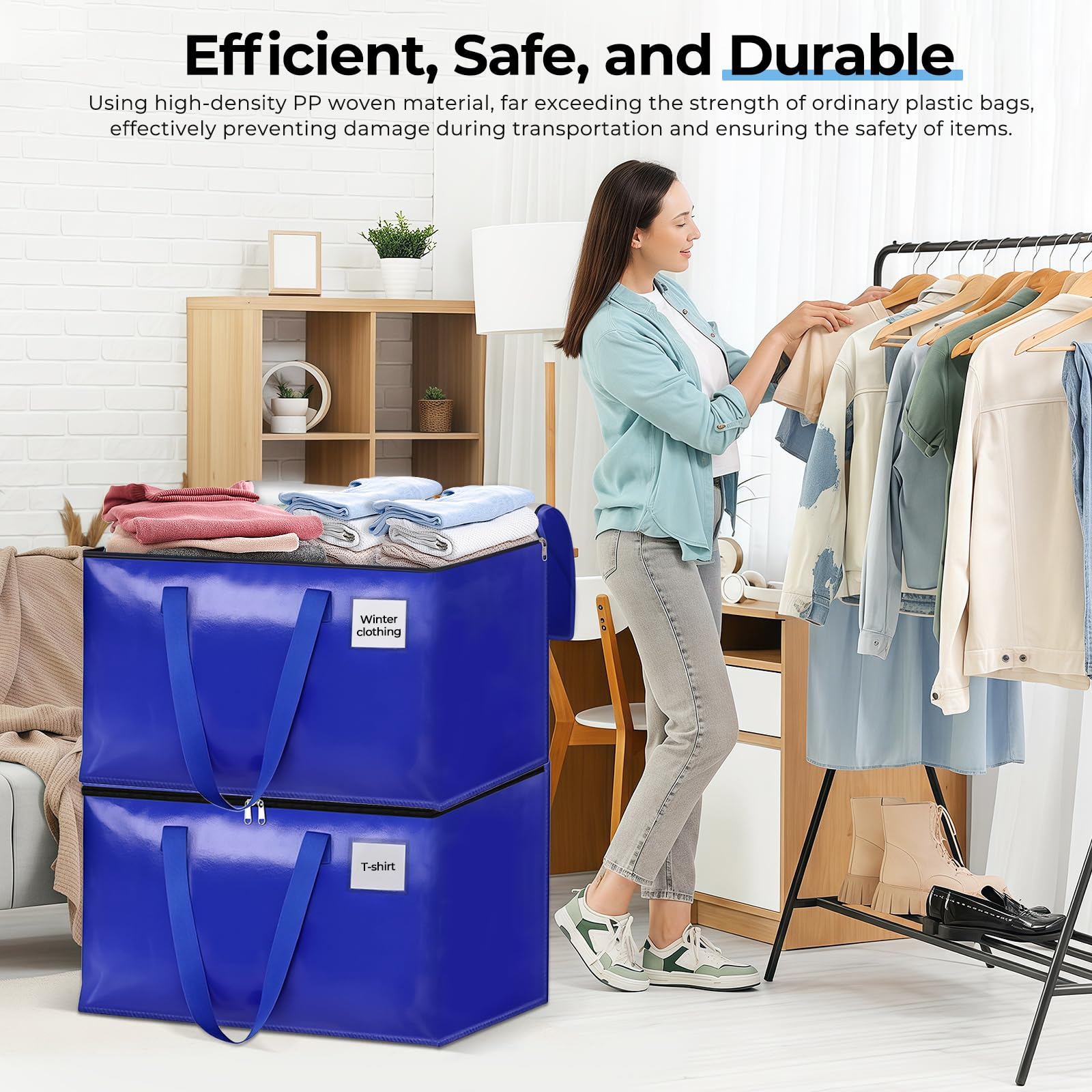 93L sac demenagement, Lot de 6 Imperméable Sacs de Déménagement avec Fermeture éclair et Poignée,Grand Sac de Rangement,Sac Rangement Vetement pour le Vêtement,Couettes et Linge de Lit (Bleu)