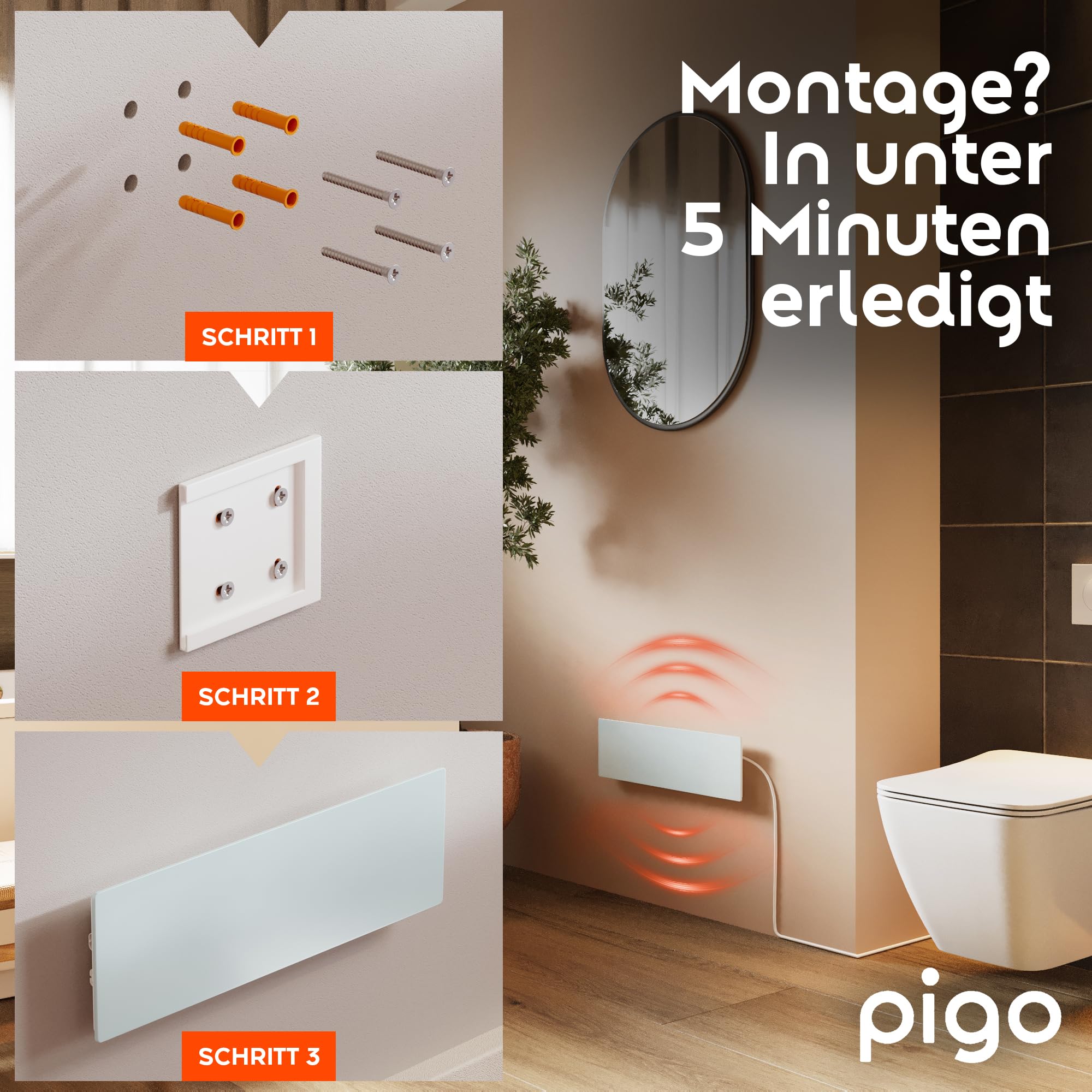 Infrarotheizung Schimmelentferner - Bad, Wand & Boden [70W] Infrarot-Heizung gegen Schimmel | Wandheizung elektrisch | Modular erweiterbares Anti-Schimmel-Heizpaneel mit flexibler Wandmontage | PIGO