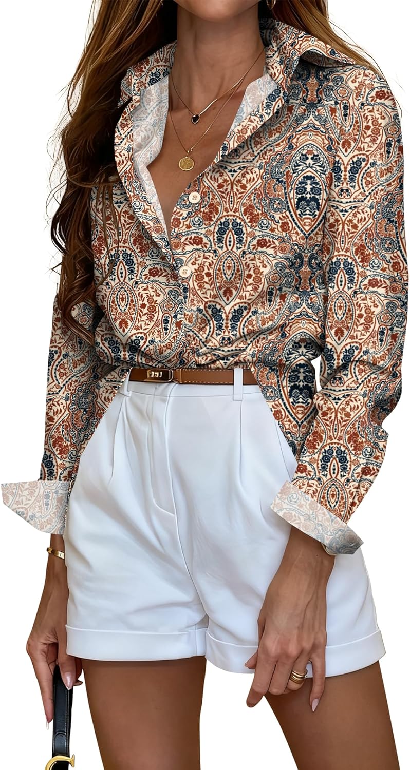 Sarin Mathews Button Down Shirts for Women Dressy Casual Long Sleeve Blouses Printed Collared Business Work Tops