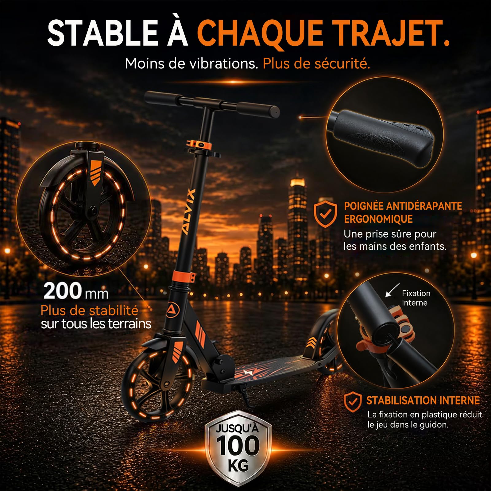 ALVIX Trottinette pour enfant avec roues lumineuses LED, hauteur réglable à partir de 6 ans, roues de 200 mm, trottinette pliable avec sangle de transport, large plateau, jusqu'à 100 kg
