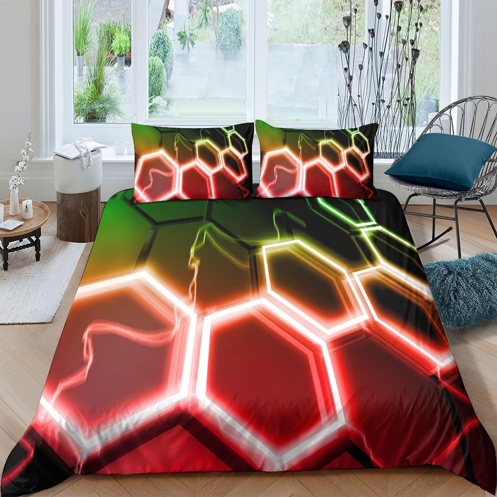Ctjqhvkz Style-5 3D Printed Neon Hexagon Fitted Sheet Microfiber Soft Bedroom Decor Red Green Mattress Cover For Home Dorm Single（135X200cm）
