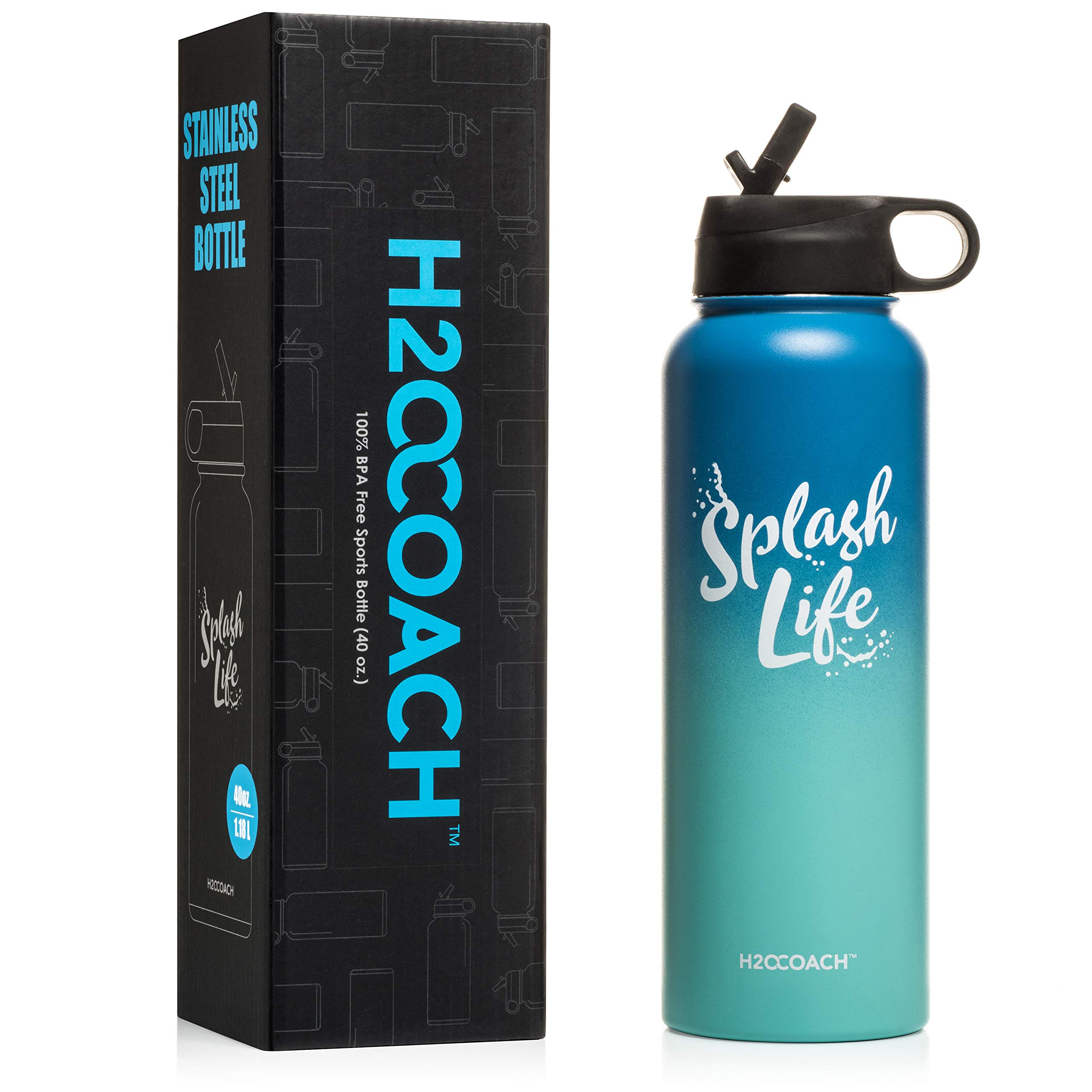 H2OCOACH Stainless Steel Water Bottle | Insulated 40 oz (1.8 Liter) | Large Motivational, BPA Free