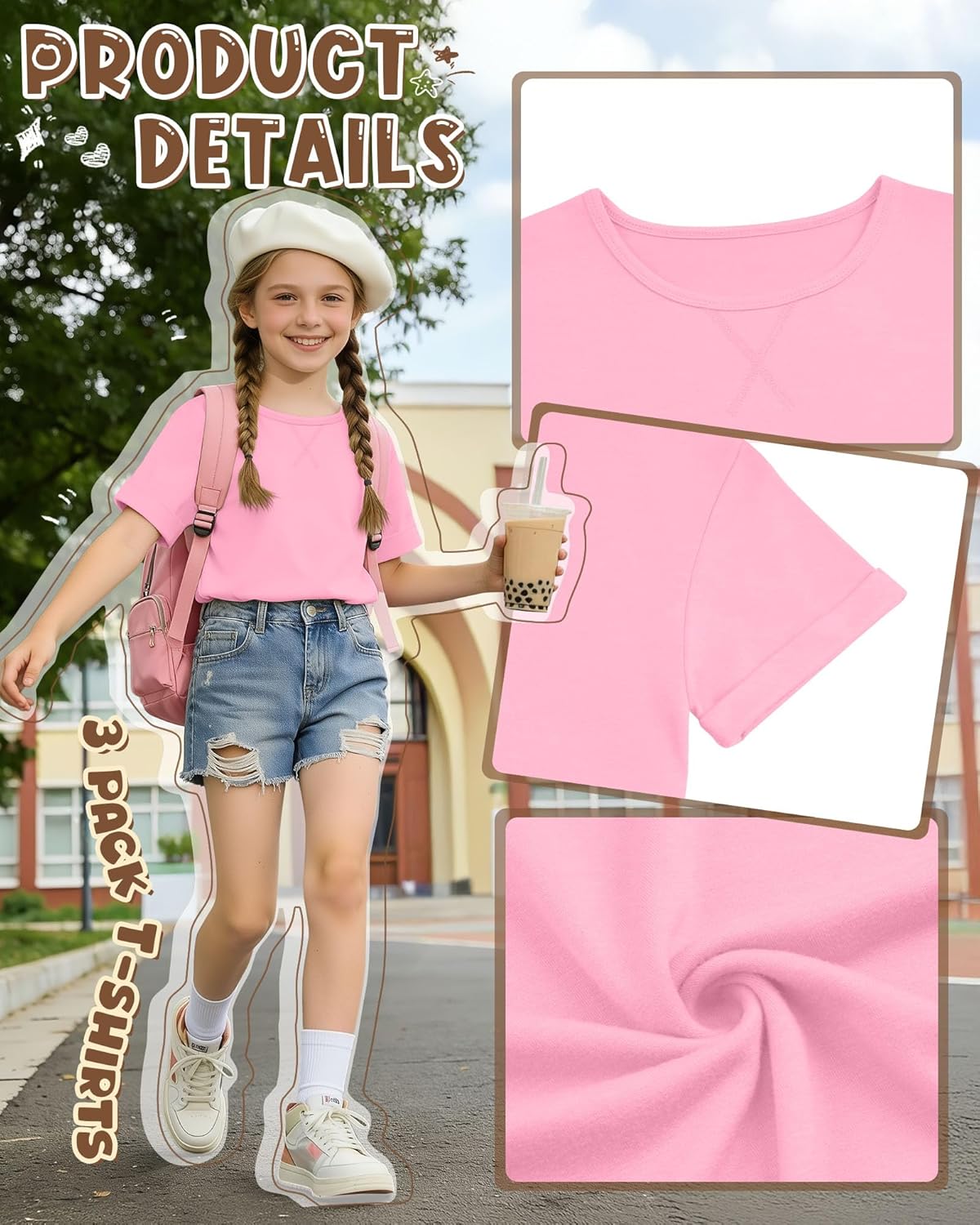 3 Pack Girls Short Sleeve T Shirts Kids Loose Fit Crew Neck Tops Rolled Cuff Summer Basic Casual Tees Blouse - Image 5