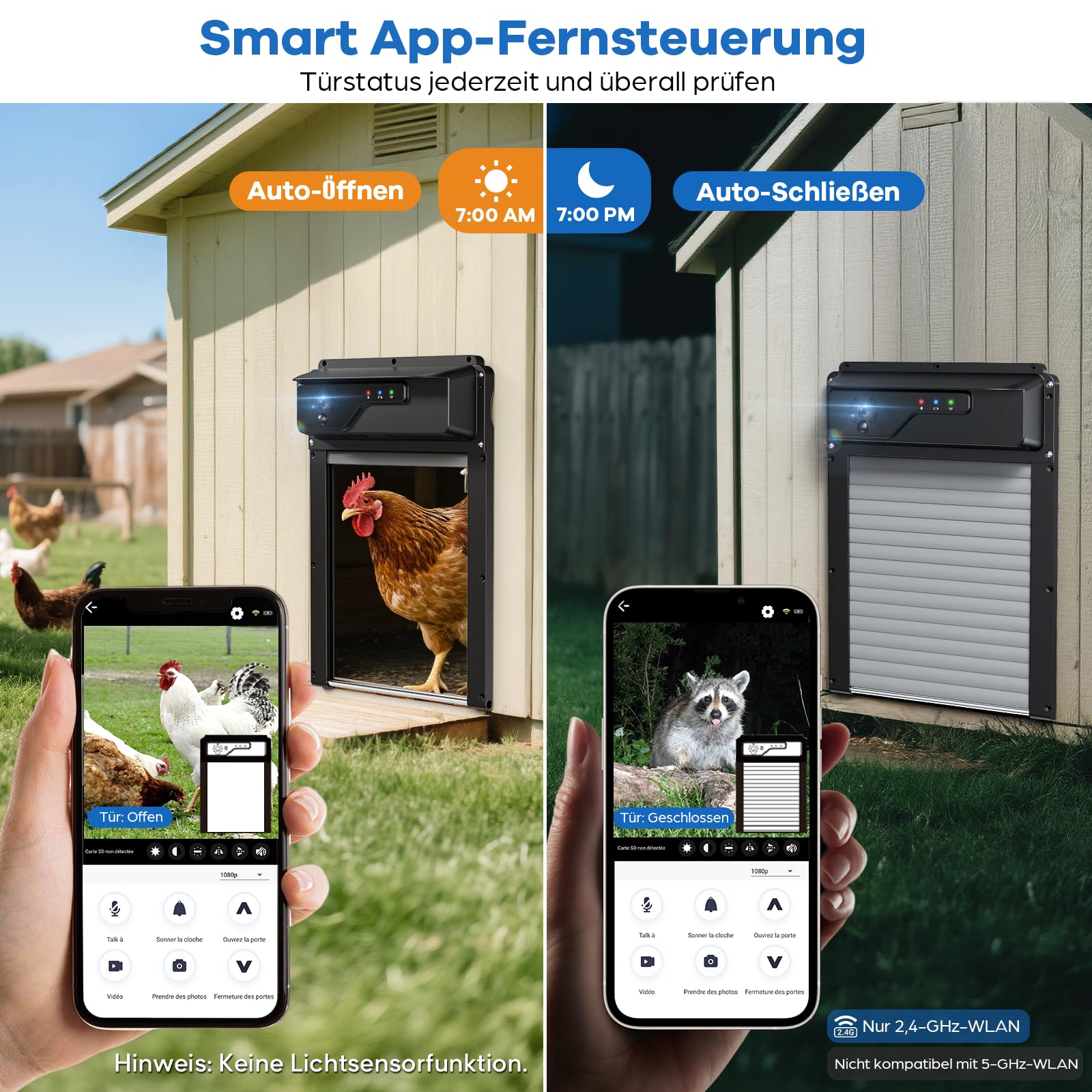 1080P Kamera Automatische Hühnerklappe Solar mit WiFi App Steuerung, Aluminum Hühnerklappe Automatisch mit Timer, Fernbedienung, Intelligenter Einklemmschutz Elektrische Hühnertür, Rolltor-Design