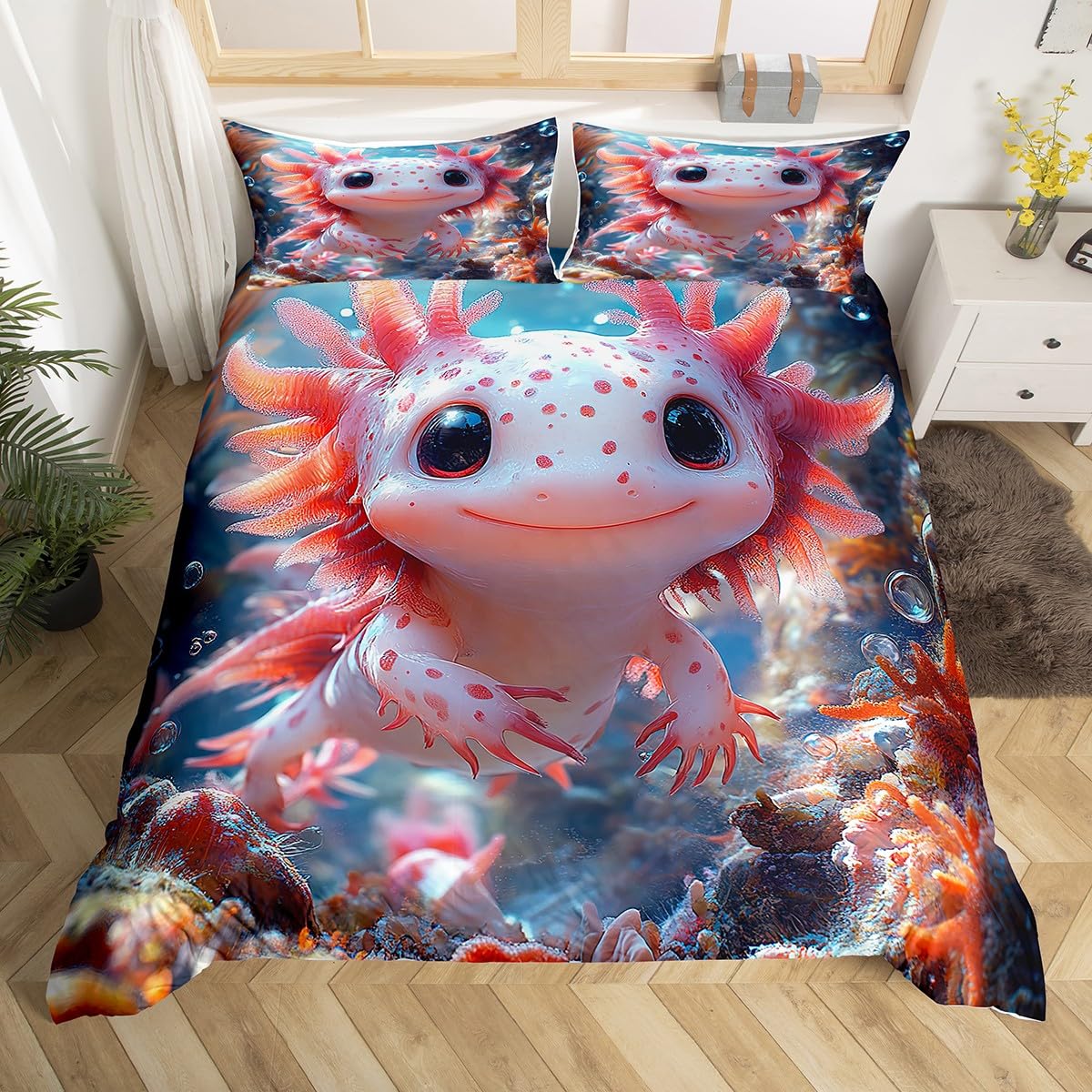 feelingyou Axolotl Duvet Cover Set Super King Size,3D Print Cute Marine Life Animal Bedding Set,Adults Women Men Room Decor,Kawaii Salamander Undersea Coral Seaweed Plants Quilt Cover,No Comforter