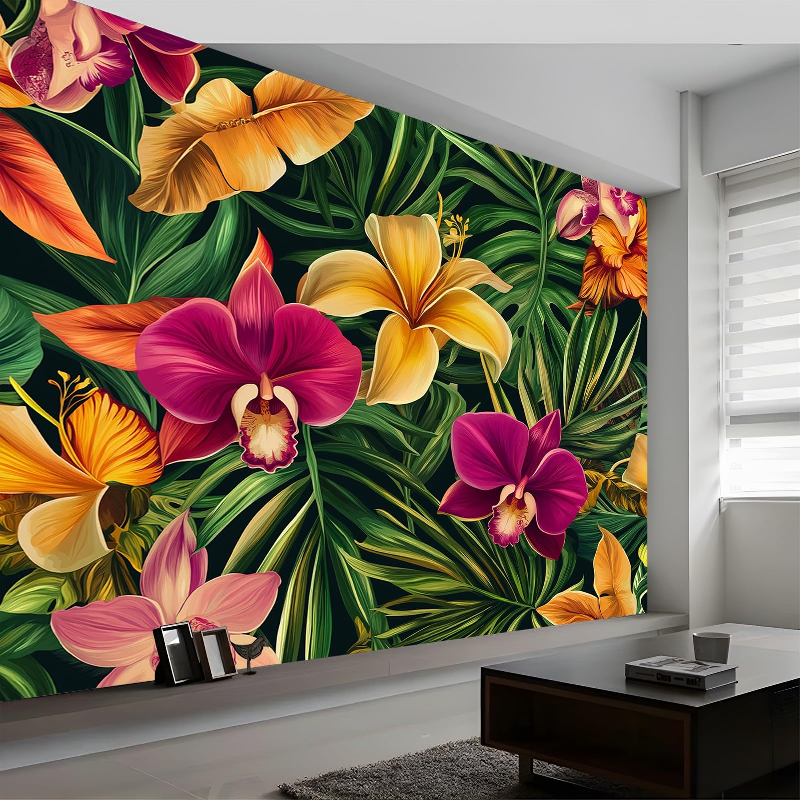 Panoramiczna tapeta 3D z włókniny 350 x 256 cm kolorowe rośliny tropikalne kwiaty, tapeta do salonu sypialnia restauracja pokój dziecięcy i dekoracja ścienna dziecka