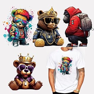 Graffiti Bear Iron on Transfers Decals Urban Cartoon Animal Vinyl Heat Transfer Patch Ready to Press for Street Wear T-Shirts