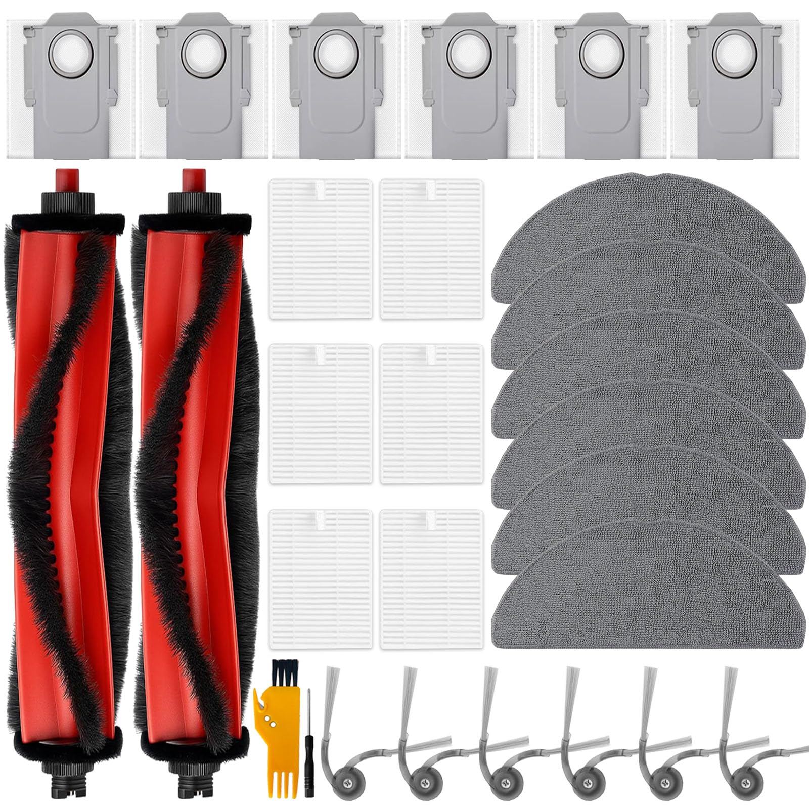 Accesorios para Roborock Q7 L5+, Q7 M5+ Aspirador, 2 cepillos Principales, 6 Toallas, 6 filtros, 6 cepillos Laterales, 6 Bolsas de Polvo, Q7 L5+ Piezas de Repuesto 28 Piezas