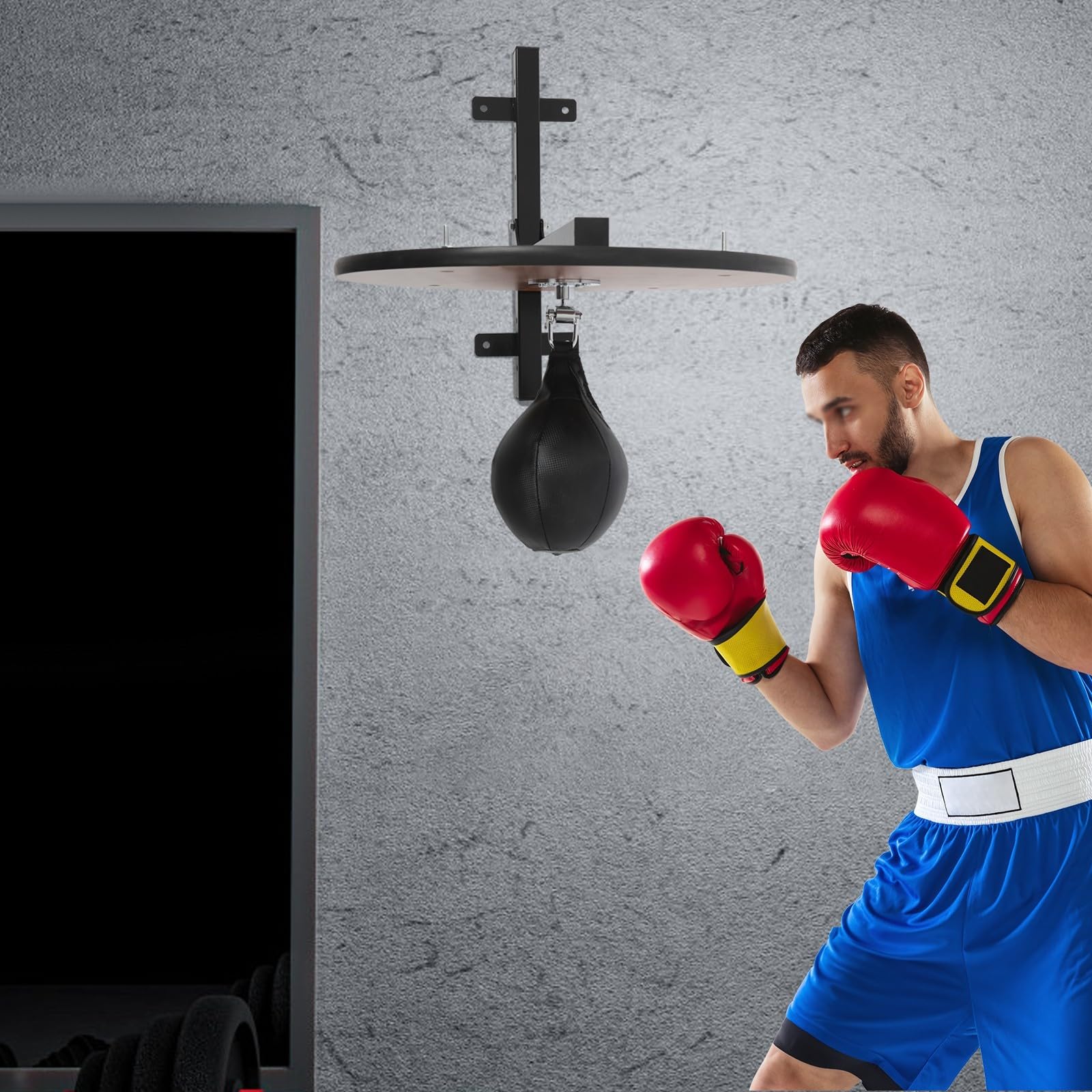 Speed Bag Plate-forme pour entraînement de boxe, avec acier, bois et polyuréthane, hauteur réglable de 30 cm, montage mural, maison, gym, gym, sac de frappe, punching, balle de réflexe, pour adultes
