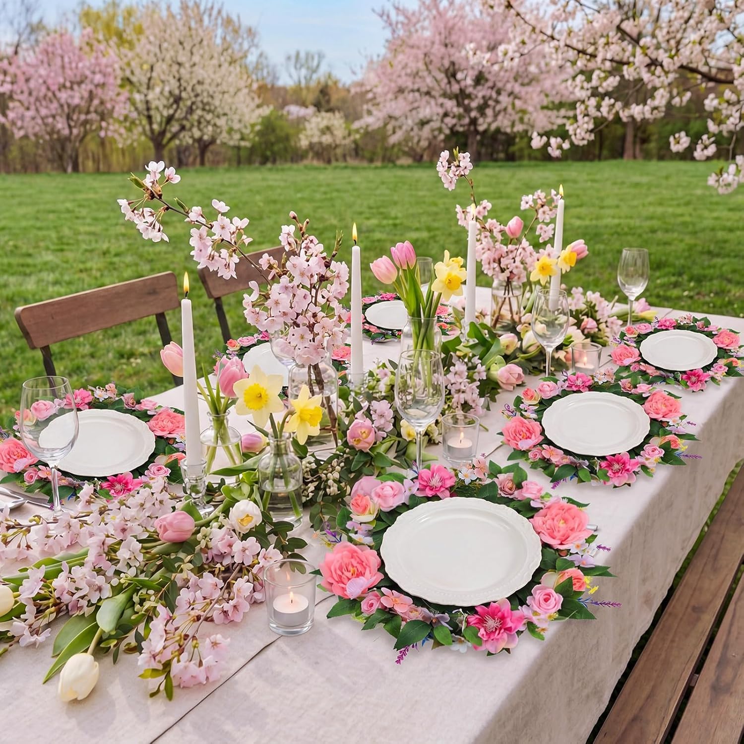 Yungyan 6 Pcs Summer Artificial Floral Flower Placemats 9.4 Inch Hawaiian Tropical Round Table Decoration Fairy Party Centerpieces for Tables Dining Table Mat for Summer Tropical Fairy Birthday