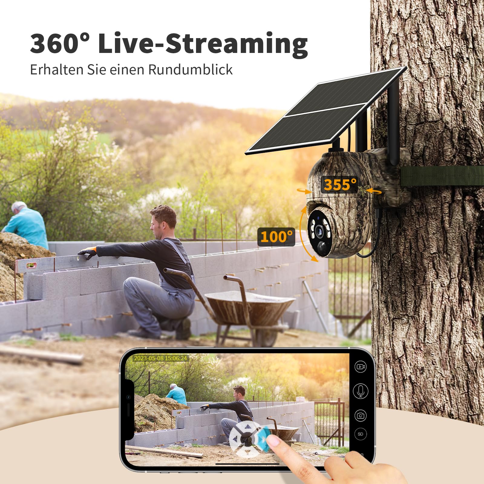 4G LTE Wildkamera mit SIM Karte, 2K Solar Wildtierkamera mit Handyübertragung App, Kabellos Überwachungskamera Aussen Akku mit Farbnachtsicht, PIR-Erkennung, 2-Weg-Audio, IP66 Wasserdicht