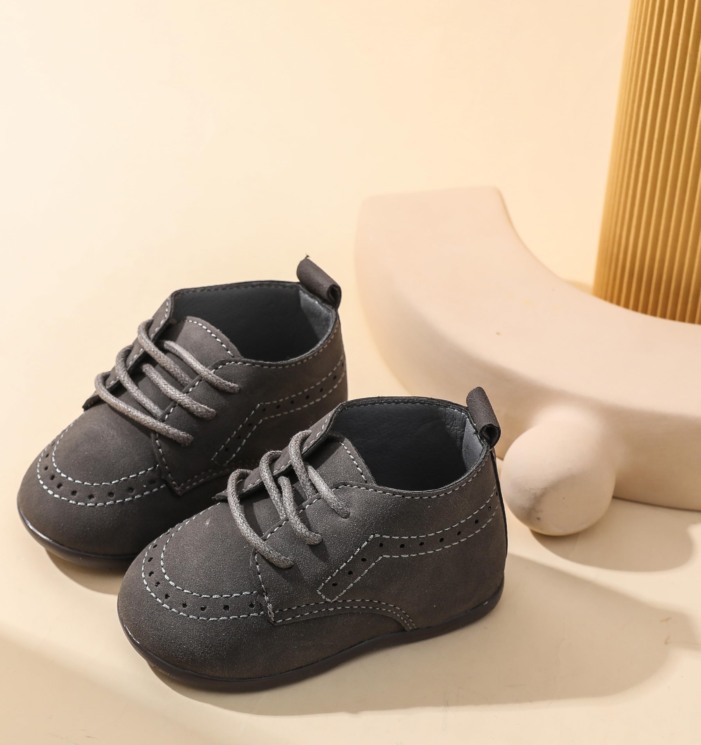 Greceen Baby Boys Girls Classic PU Leather Adjustable Lace-up Loafers Oxford Style Dress Shoes for Crawling Babies Toddlers, Wedding Formal First Steps Walking Flat Lazy Crib Shoes 253 Deep Grey 1