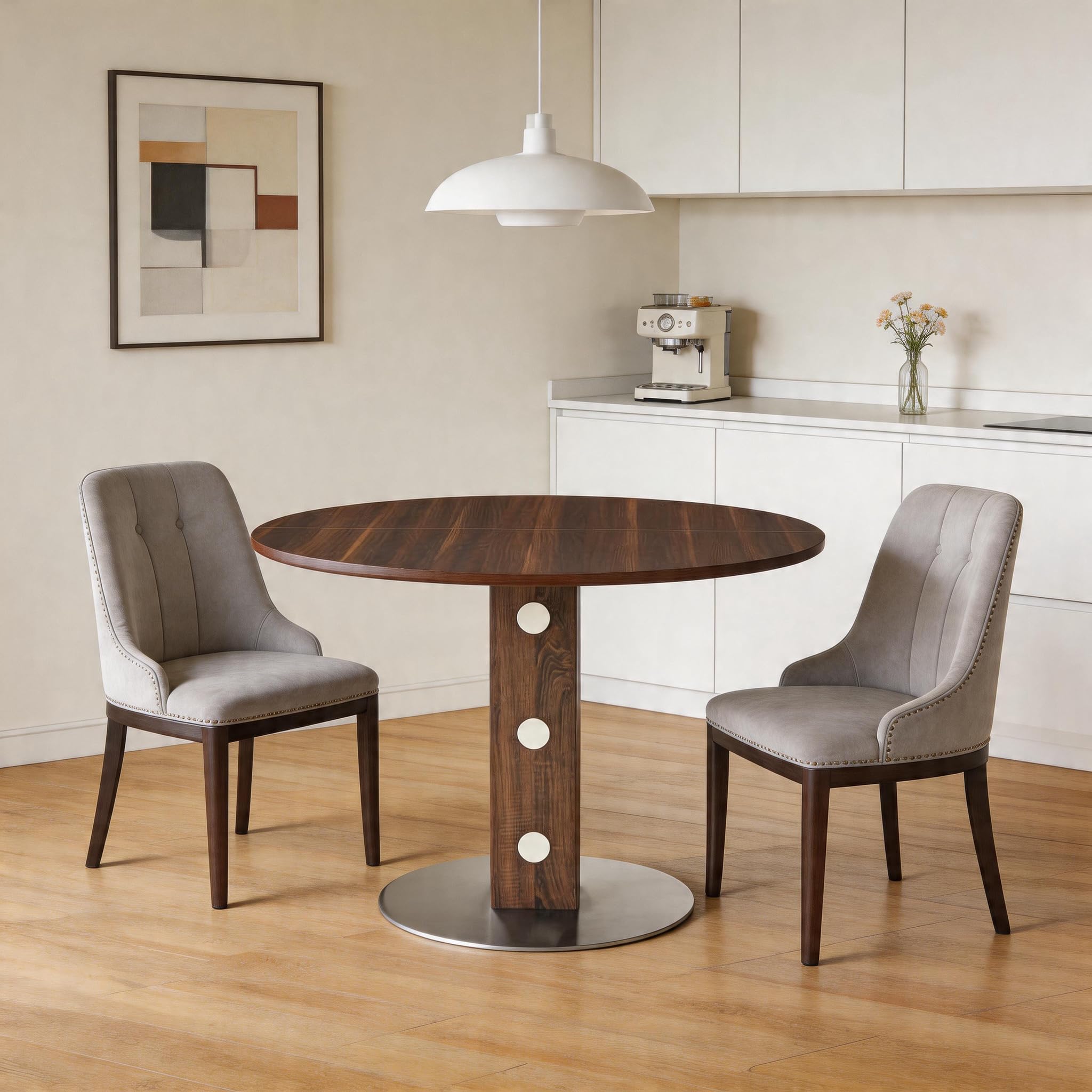 Mesa de comedor redonda moderna con pedestal de madera cuadrada y detalles de espejo, grano de madera de nogal y base de metal, 100 cm de diámetro, para 2 a 4 personas, ideal para cocina, nogal