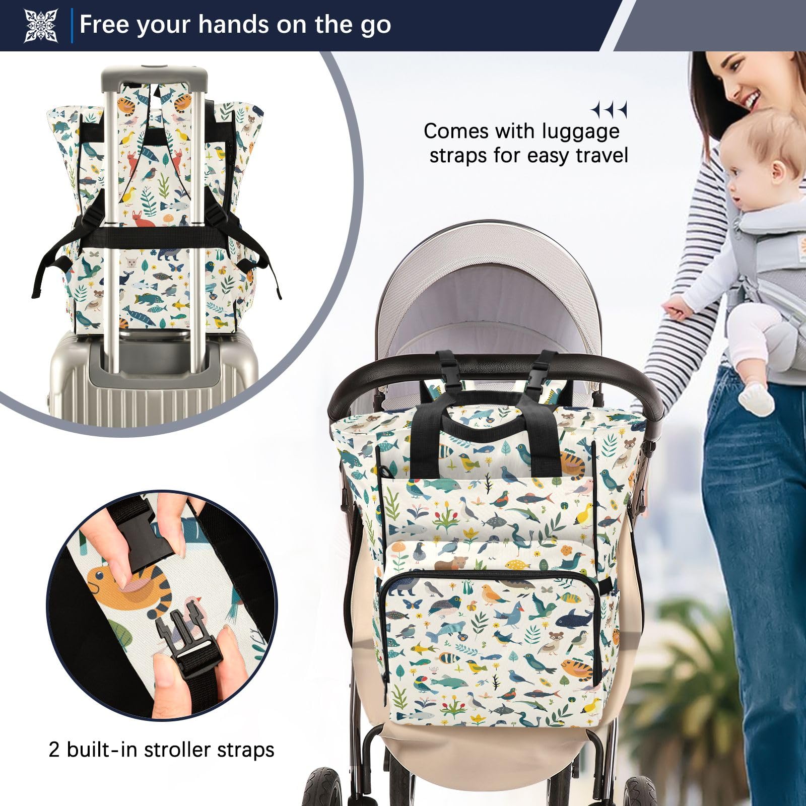 Mnsruu Pesce Bird Baby Pannolino Bag Zaino Grande Borsa Impermeabile Viaggio Pannolino Borse per Mamme e Papà