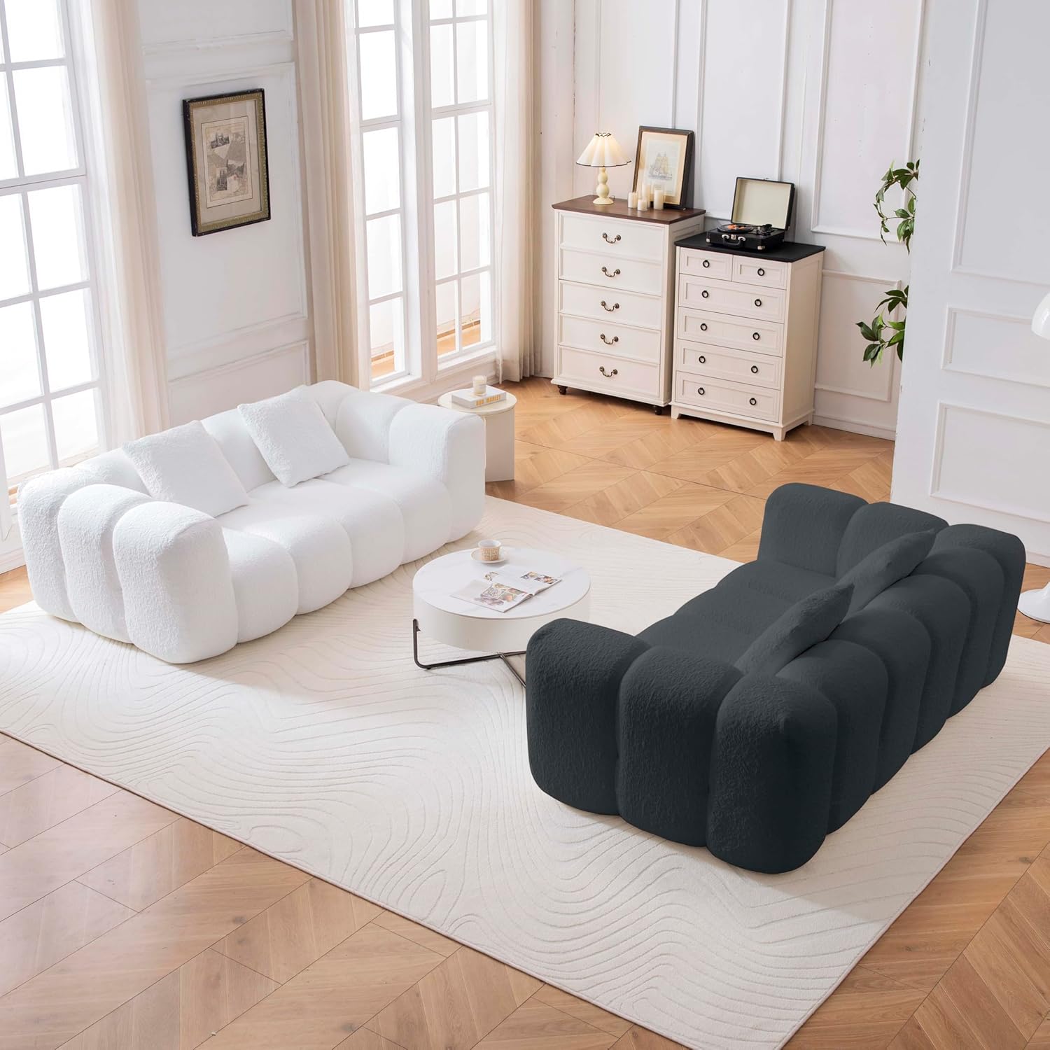 Loveseat Sofa, Comfy Deep Seat Boneless Couch with 2 Pillows, Modern Cloud Couch, Upholstered 3-Seater Boucle Couches for Living Room, Bedroom, Apartment(White)