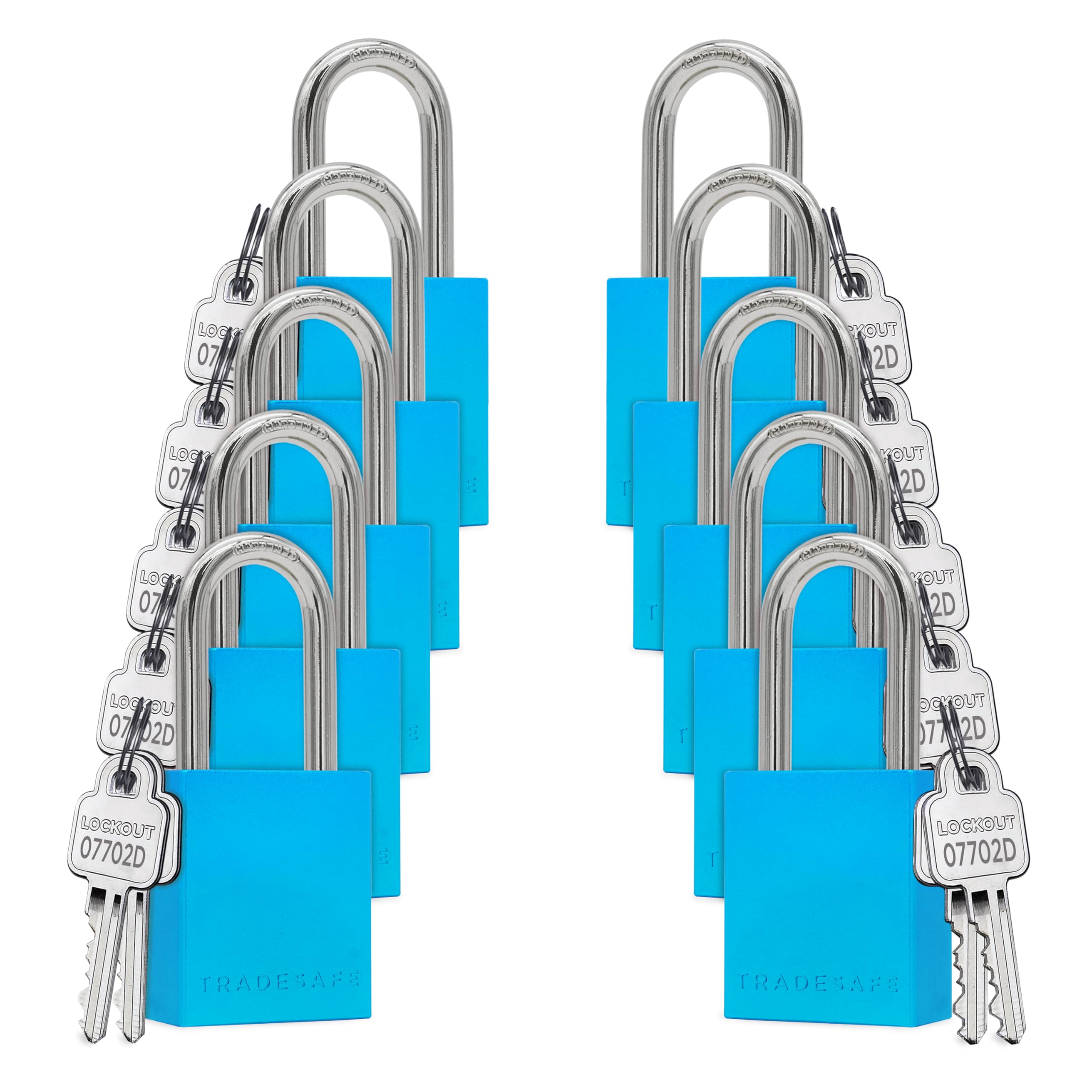 TRADESAFE Juego de cerraduras de bloqueo – 10 cerraduras Loto de aluminio azul, candados de bloqueo con llave igual, 2 llaves por candado de bloqueo, cerraduras de bloqueo compatibles con OSHA