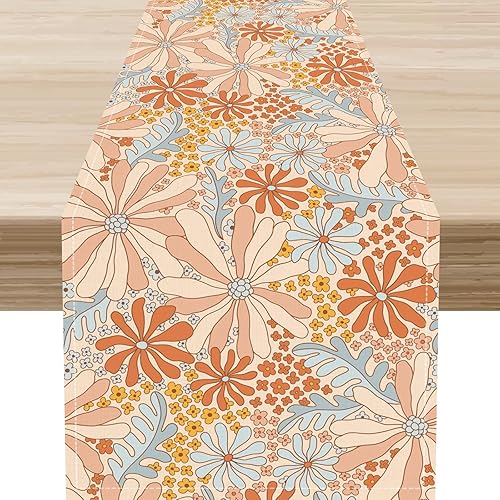 Miniatura 45 de Camino de mesa de los años 70, rústico azul ondulado, cuadrícula floral, moderno, retro, bohemio, hippie de los años 60, decoración abstracta de la