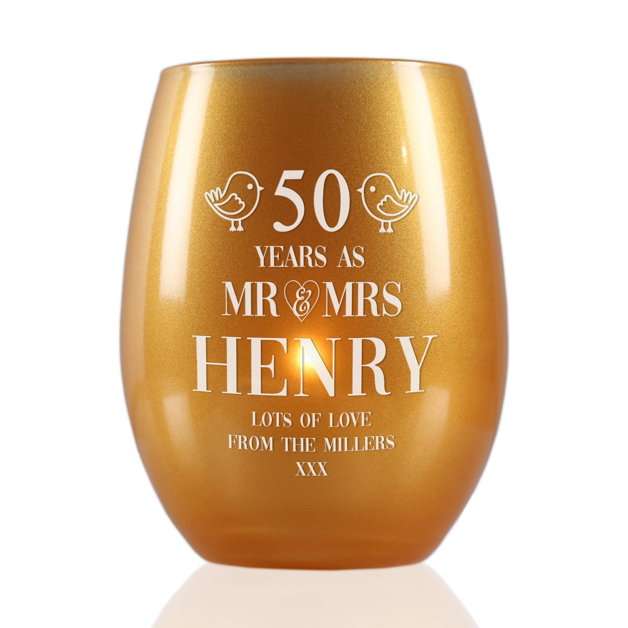 Engraved 50th Wedding Anniversary Gold Colour Candle Holder with 8hr Tea Light