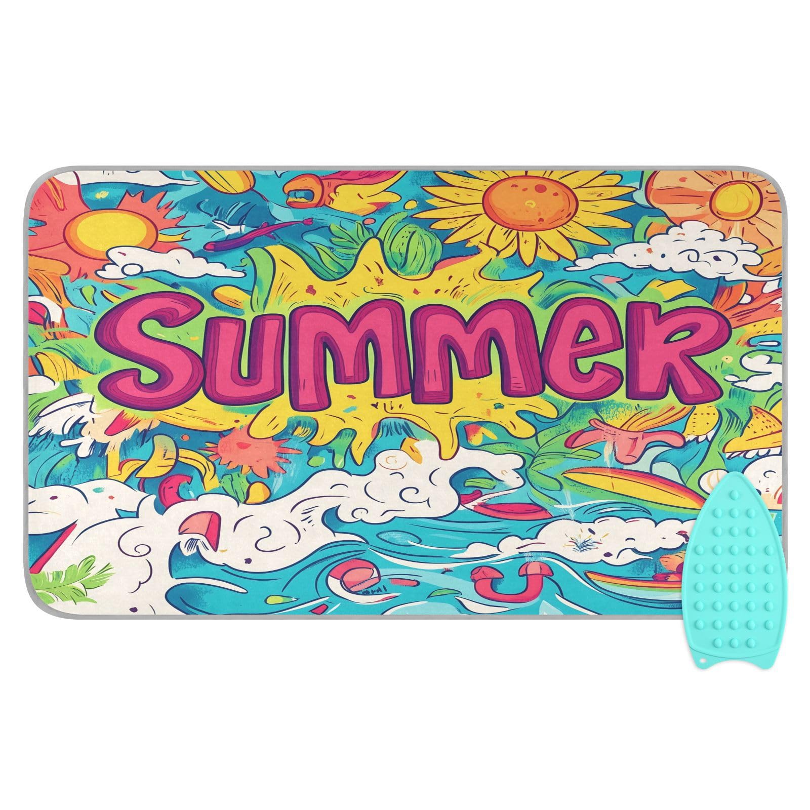 pnyoin Portable Ironing Mat Red Summer Word Travel Ironing Pad with Silicone Iron Rest for Steam Pressing on Tabletop or Bed Heat Resistant Portable Quilting & Travel Blanket