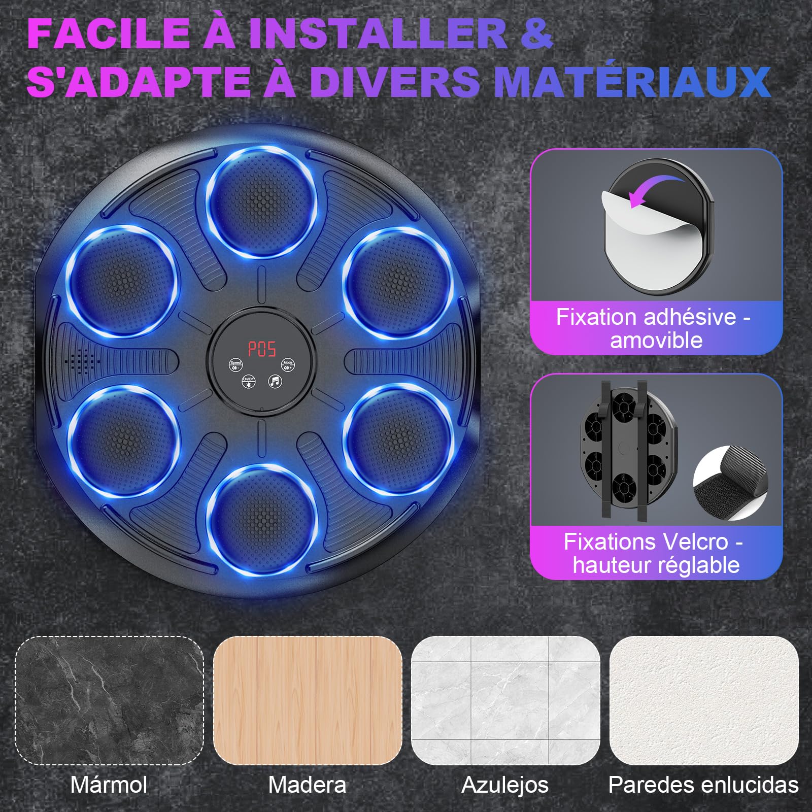 Machine de Boxe Musicale, Boxe Mural Musique avec 12 Vitesses et Modes, Comptage et Bluetooth, Affichage LED, Gants Inclus, Entraînement de Boxe Adapté aux Enfants et Adultes